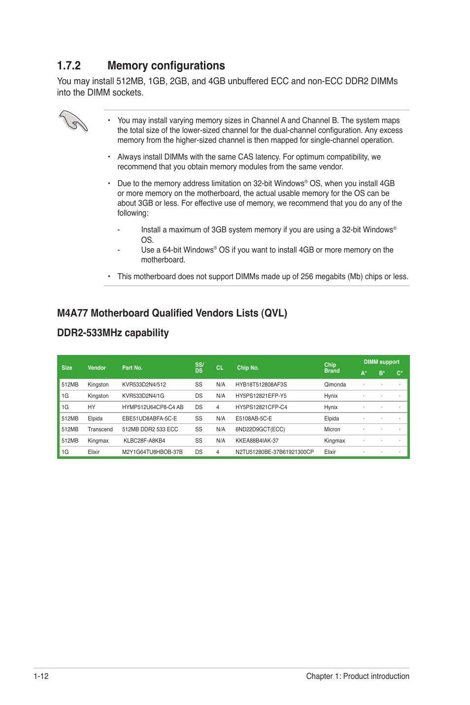 2 memory configurations, Memory configurations -12 | Asus M4A77 User Manual | Page 22 / 62
