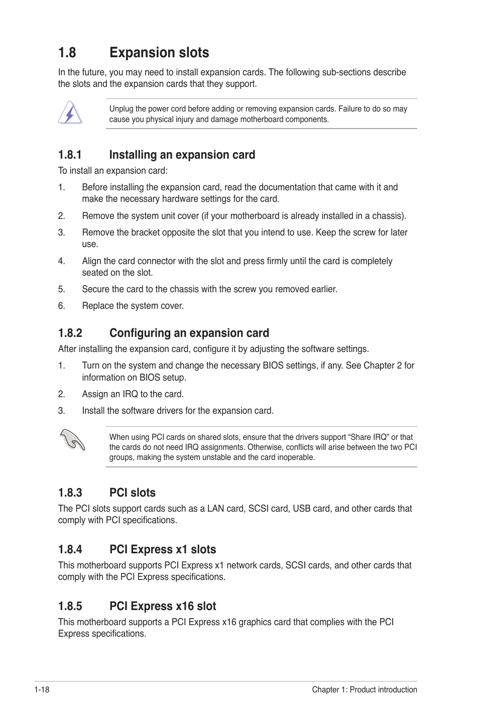 8 expansion slots, 1 installing an expansion card, 2 configuring an expansion card | 3 pci slots, 4 pci express x1 slots, 5 pci express x16 slot, Expansion slots -18 1.8.1, Installing an expansion card -18, Configuring an expansion card -18, Pci slots -18 | Asus M4A77 User Manual | Page 28 / 62