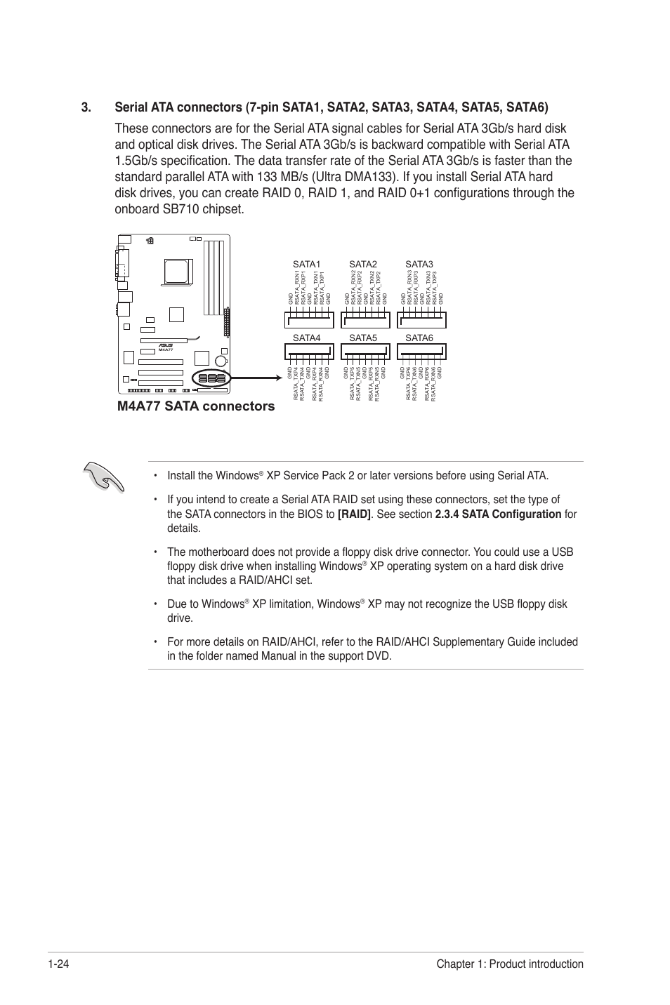 M4a77 sata connectors, Install the windows, Xp limitation, windows | Asus M4A77 User Manual | Page 34 / 62