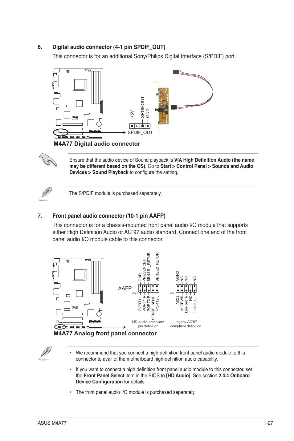 M4a77 digital audio connector, M4a77 analog front panel connector | Asus M4A77 User Manual | Page 37 / 62