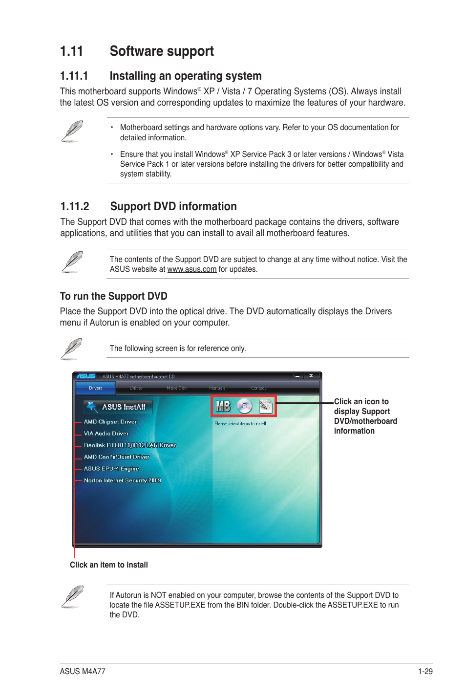 11 software support, 1 installing an operating system, 2 support dvd information | 11 software support -29 | Asus M4A77 User Manual | Page 39 / 62