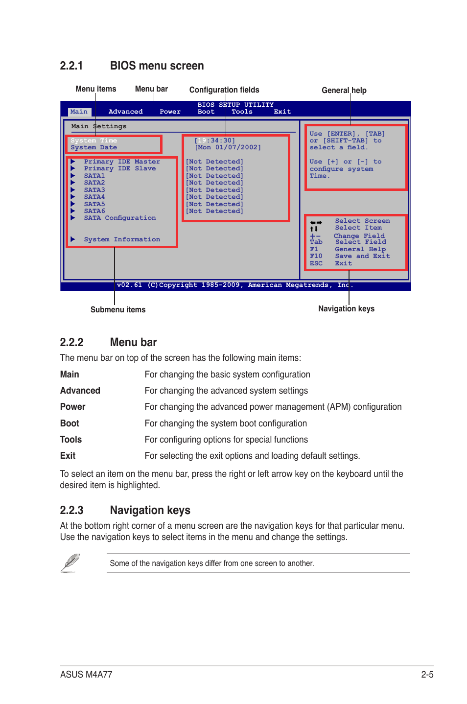 1 bios menu screen, 2 menu bar, 3 navigation keys | Bios menu screen -5, Menu bar -5, Navigation keys -5, 1 bios menu screen 2.2.2 menu bar | Asus M4A77 User Manual | Page 45 / 62