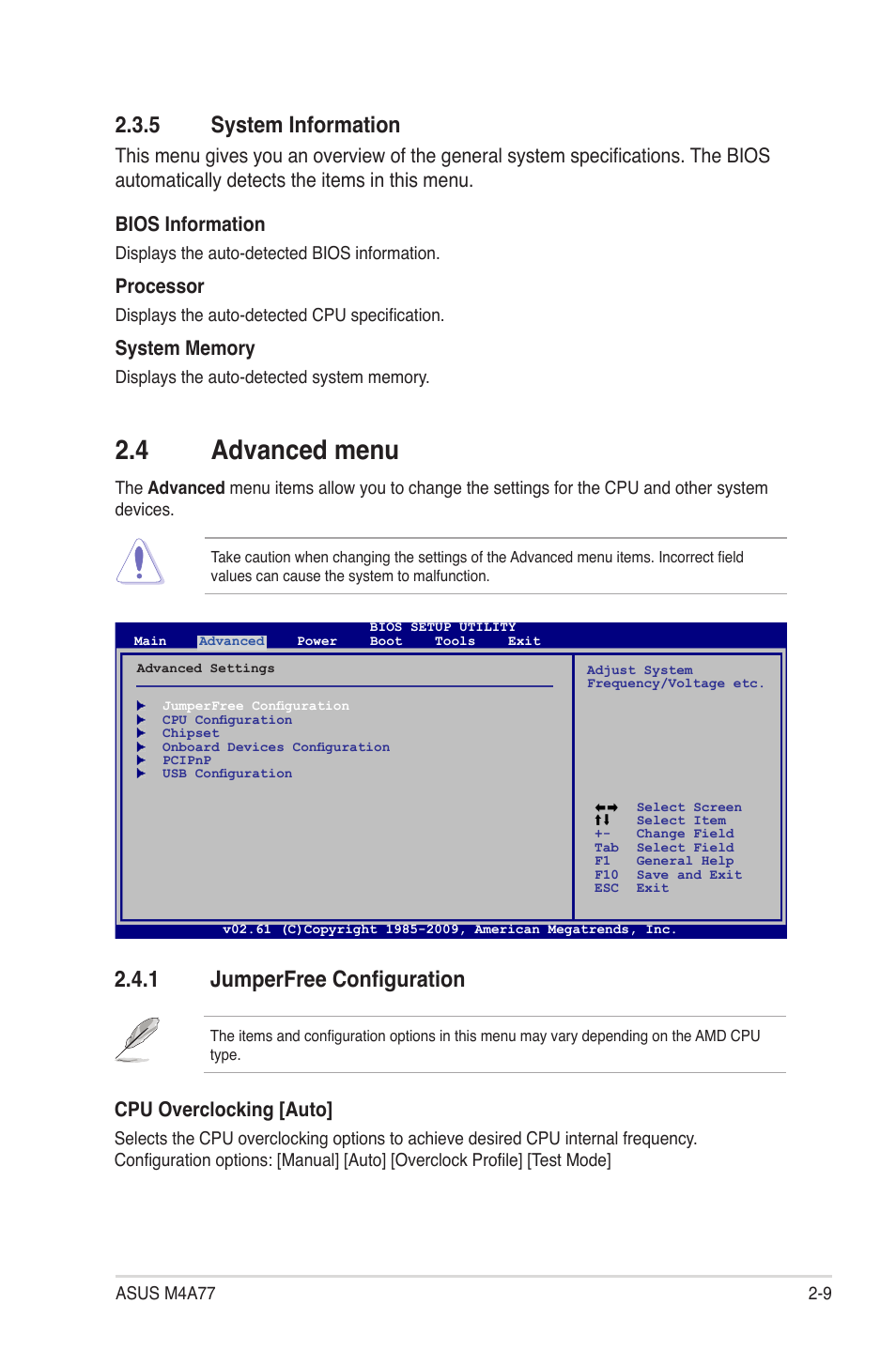 5 system information, 4 advanced menu, 1 jumperfree configuration | System information -9, Advanced menu -9 2.4.1, Jumperfree configuration -9, Cpu overclocking [auto, Processor | Asus M4A77 User Manual | Page 49 / 62