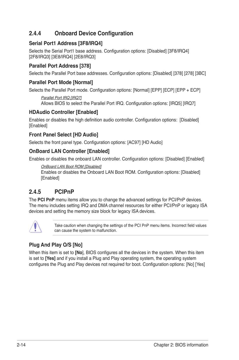 4 onboard device configuration, 5 pcipnp, 4 onboard device configuration -14 2.4.5 | Pcipnp -14 | Asus M4A77 User Manual | Page 54 / 62