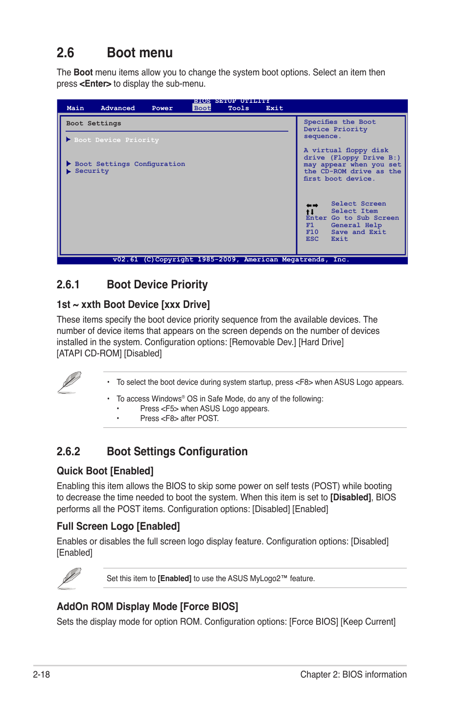 6 boot menu, 1 boot device priority, 2 boot settings configuration | Boot menu -18 2.6.1, Boot device priority -18, Boot settings configuration -18, 1st ~ xxth boot device [xxx drive, Quick boot [enabled, Full screen logo [enabled, Addon rom display mode [force bios | Asus M4A77 User Manual | Page 58 / 62