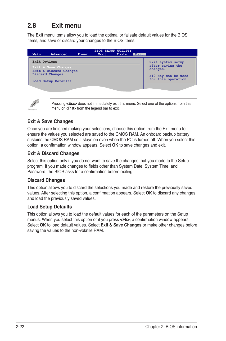 8 exit menu, Exit menu -22, Exit & save changes | Exit & discard changes, Discard changes, Load setup defaults | Asus M4A77 User Manual | Page 62 / 62