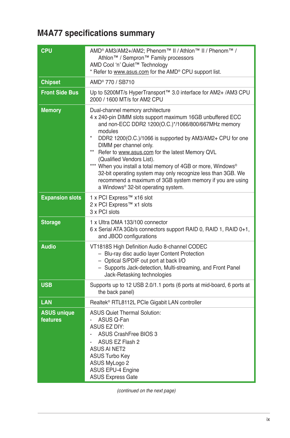 M4a77 specifications summary | Asus M4A77 User Manual | Page 9 / 62