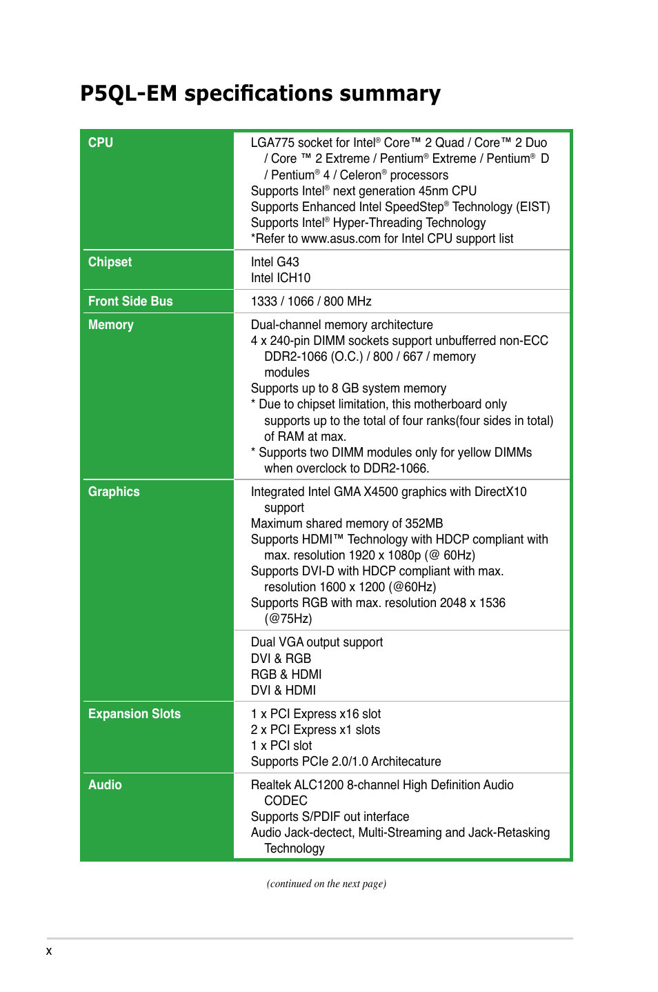 P5ql-em specifications summary | Asus P5QL-EM User Manual | Page 10 / 112