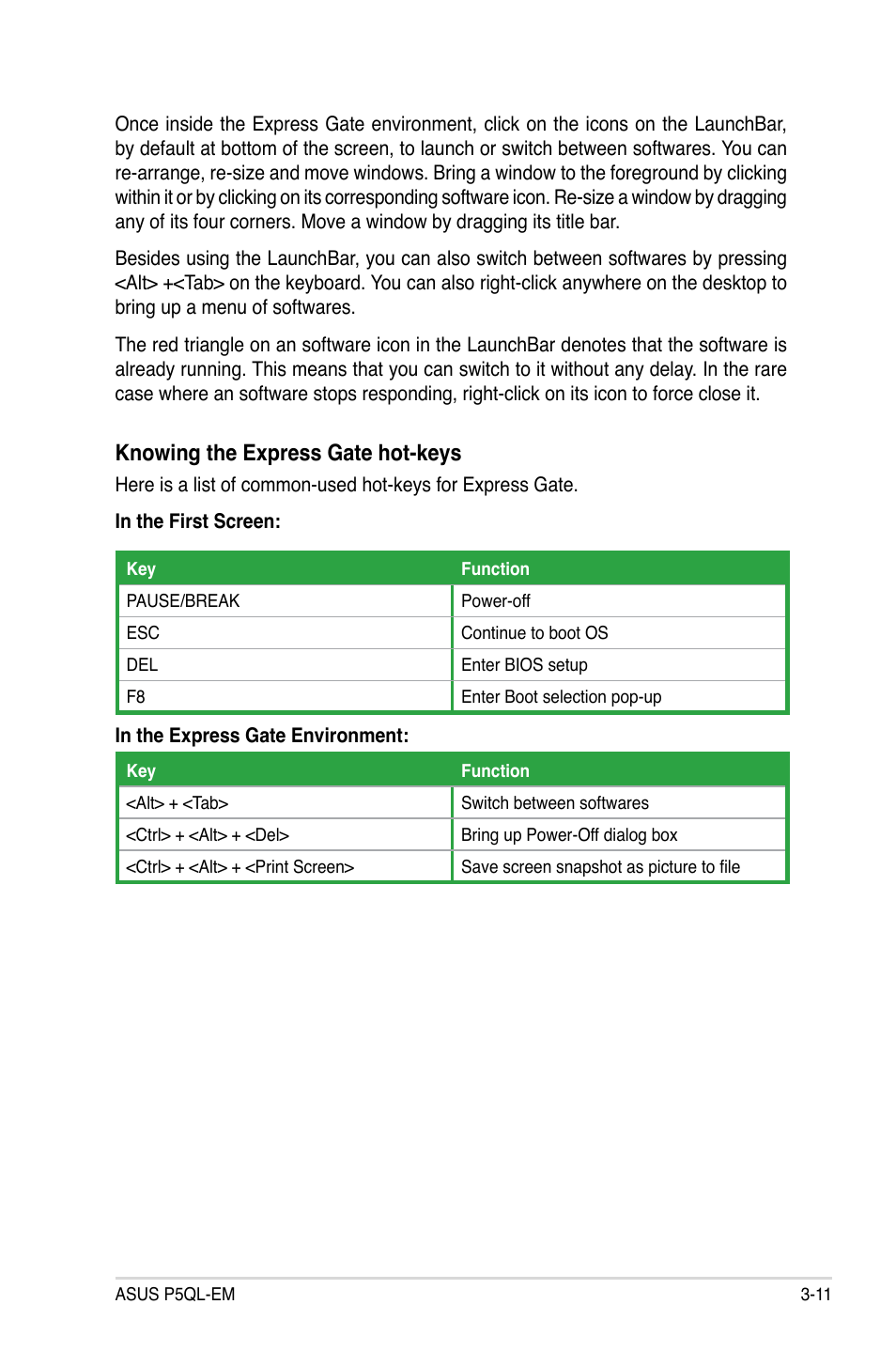 Knowing the express gate hot-keys | Asus P5QL-EM User Manual | Page 101 / 112