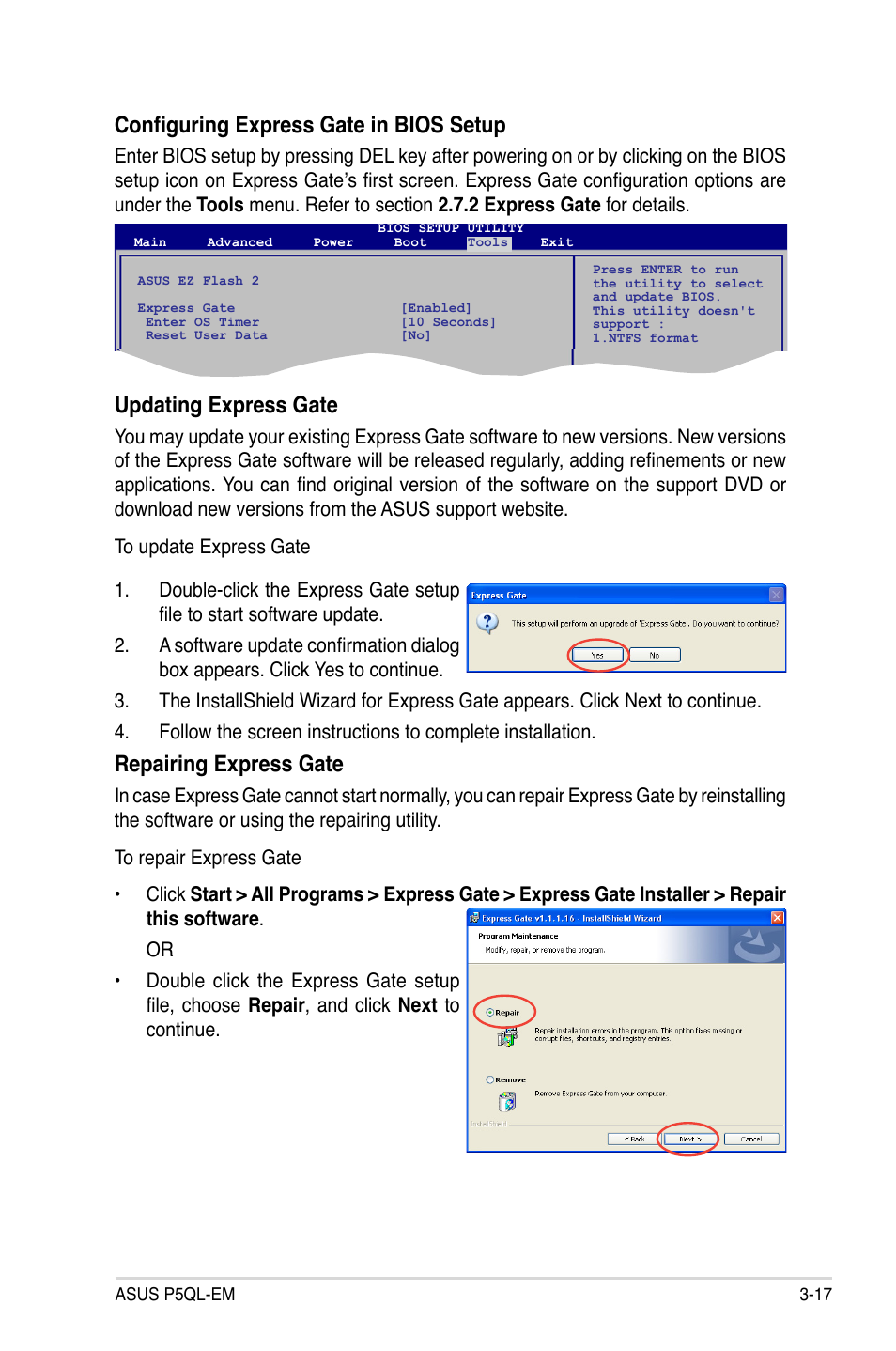 Configuring express gate in bios setup, Updating express gate, Repairing express gate | Asus P5QL-EM User Manual | Page 107 / 112