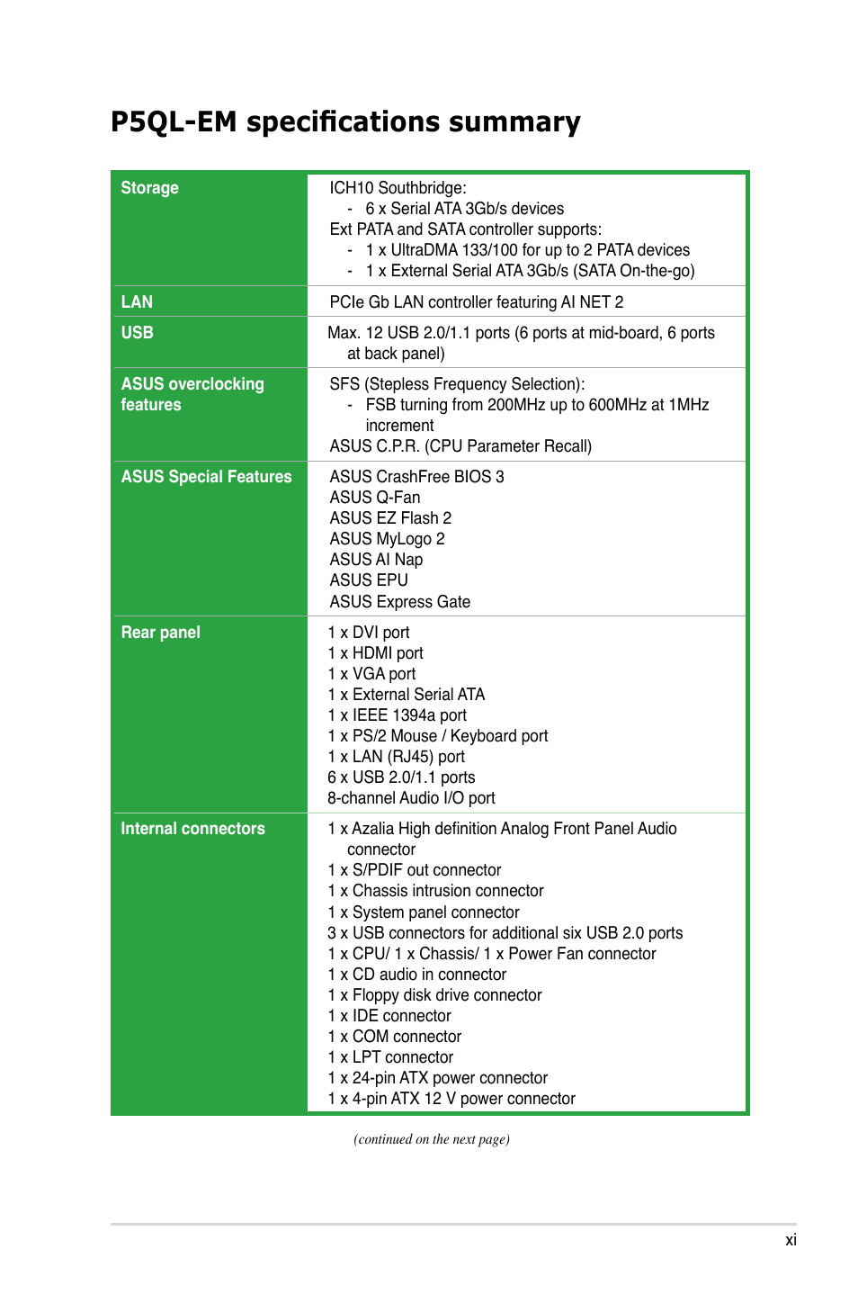 P5ql-em specifications summary | Asus P5QL-EM User Manual | Page 11 / 112