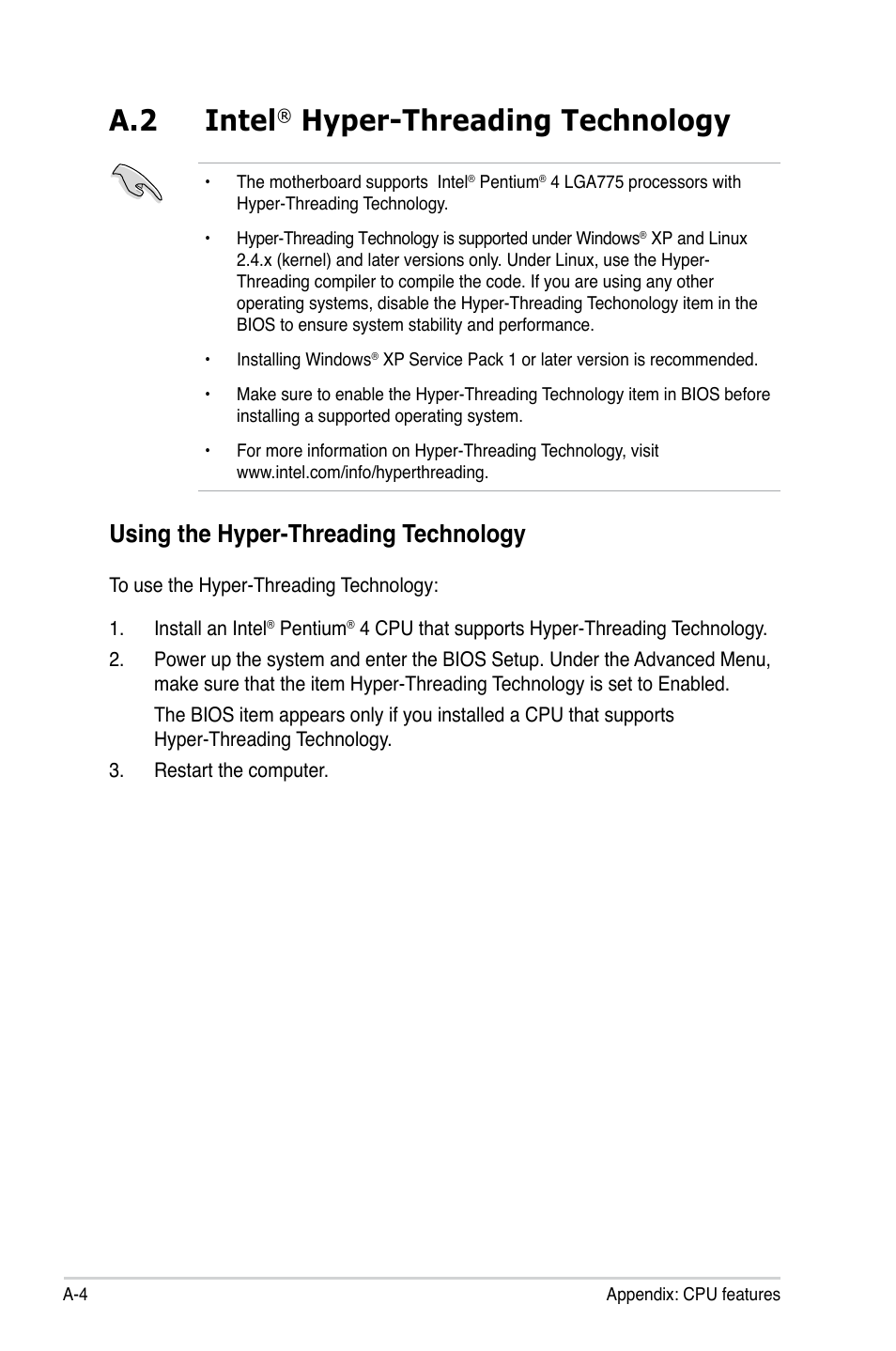 A.2 intel, Hyper-threading technology, Using the hyper-threading technology | Asus P5QL-EM User Manual | Page 112 / 112