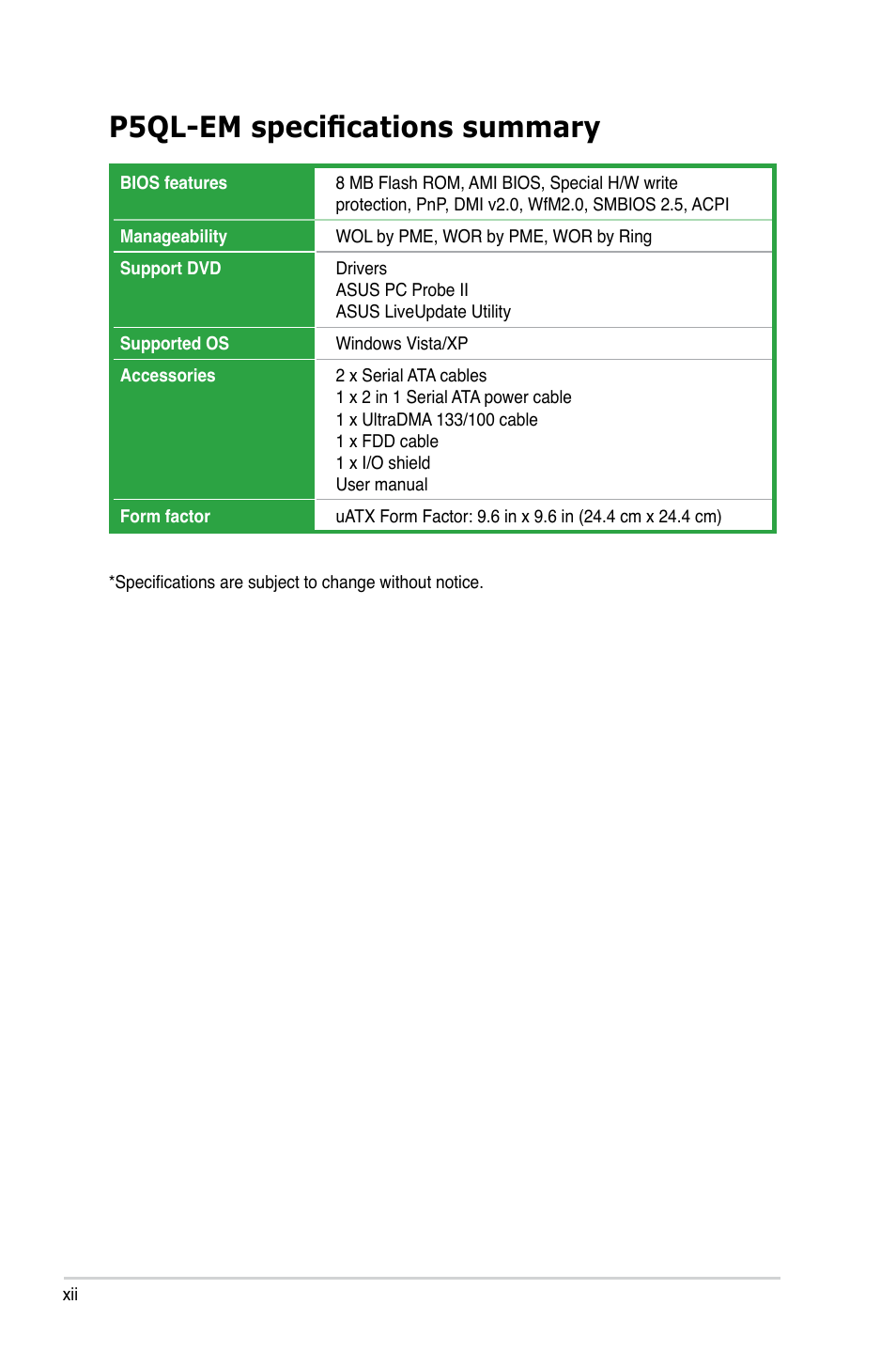 P5ql-em specifications summary | Asus P5QL-EM User Manual | Page 12 / 112