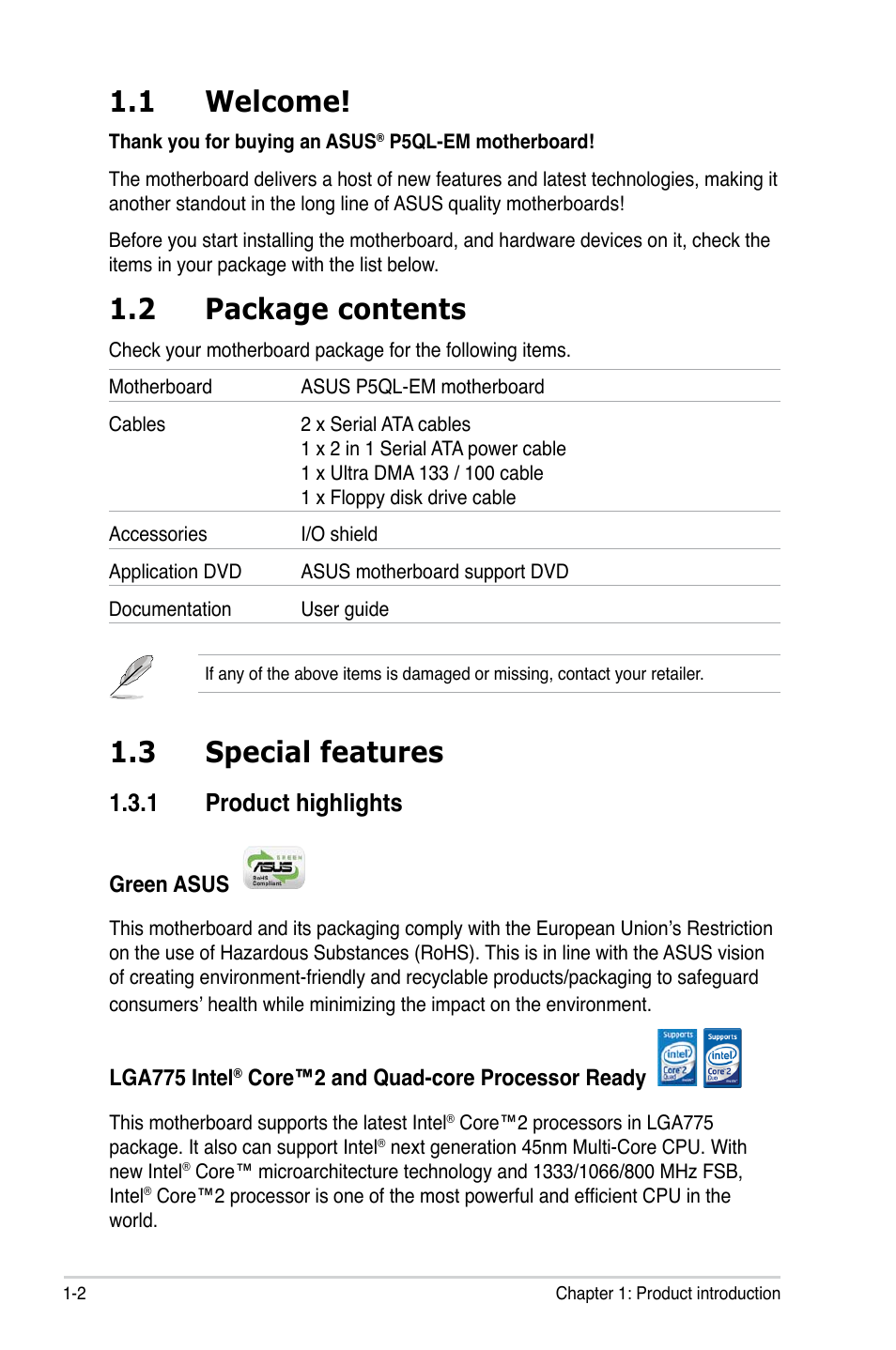 1 welcome, 2 package contents, 3 special features | 1 product highlights | Asus P5QL-EM User Manual | Page 14 / 112