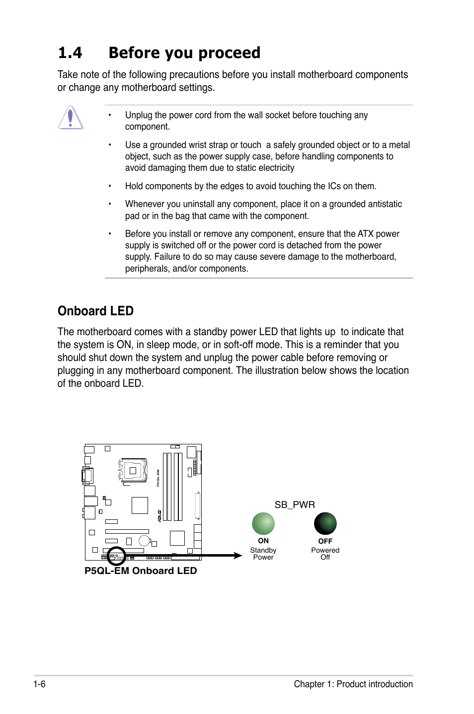 4 before you proceed, Onboard led | Asus P5QL-EM User Manual | Page 18 / 112