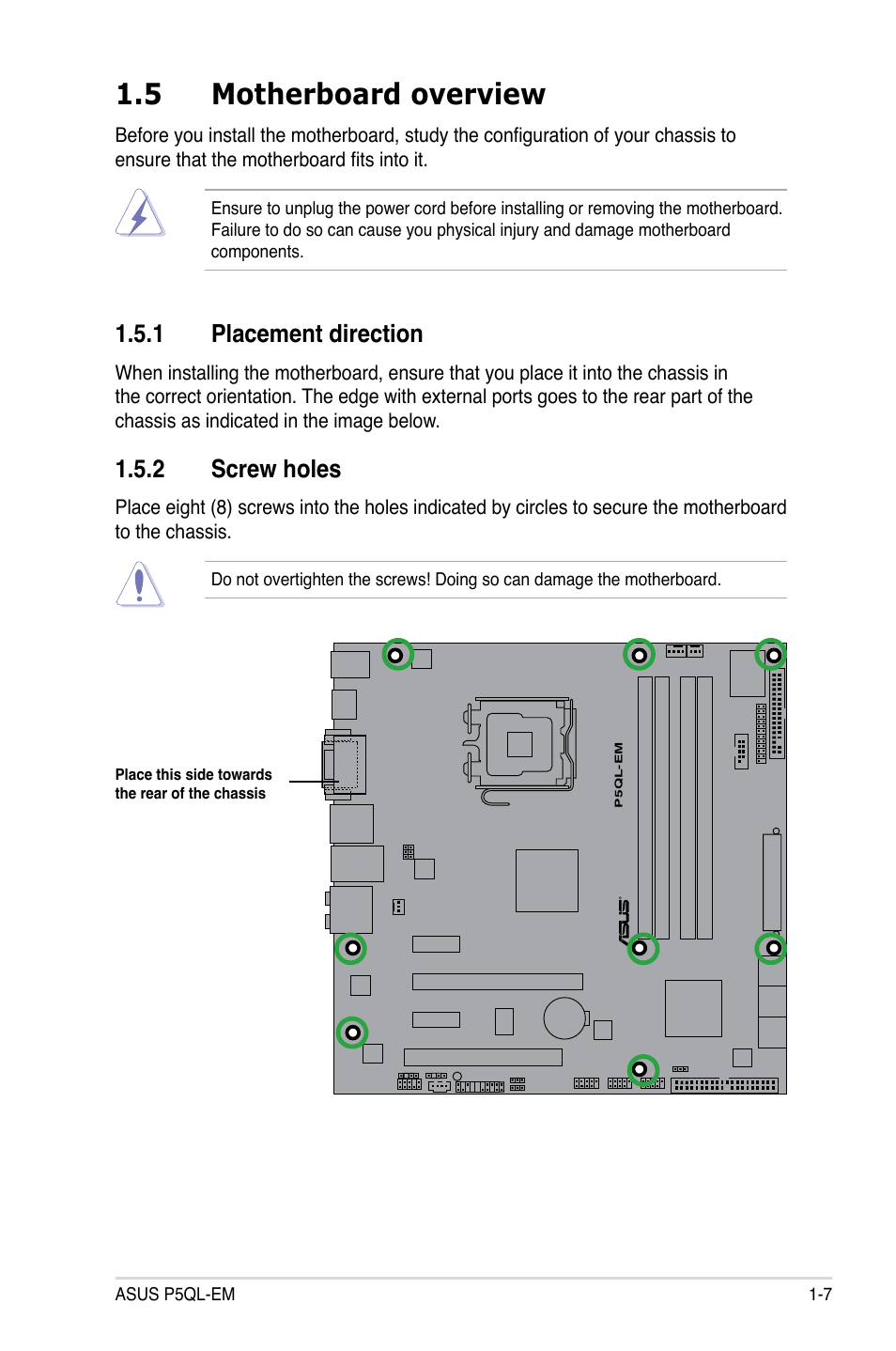 5 motherboard overview, 1 placement direction, 2 screw holes | Asus P5QL-EM User Manual | Page 19 / 112