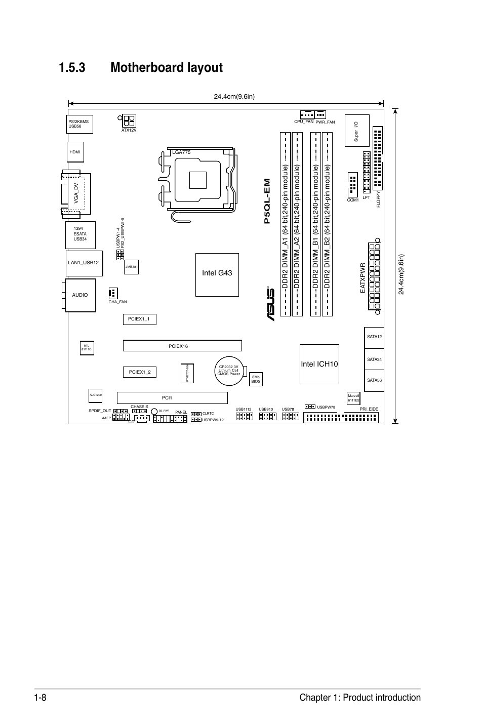 3 motherboard layout, 8 chapter 1: product introduction, P5ql-em | Intel ich10, Intel g43, 4cm(9.6in) | Asus P5QL-EM User Manual | Page 20 / 112
