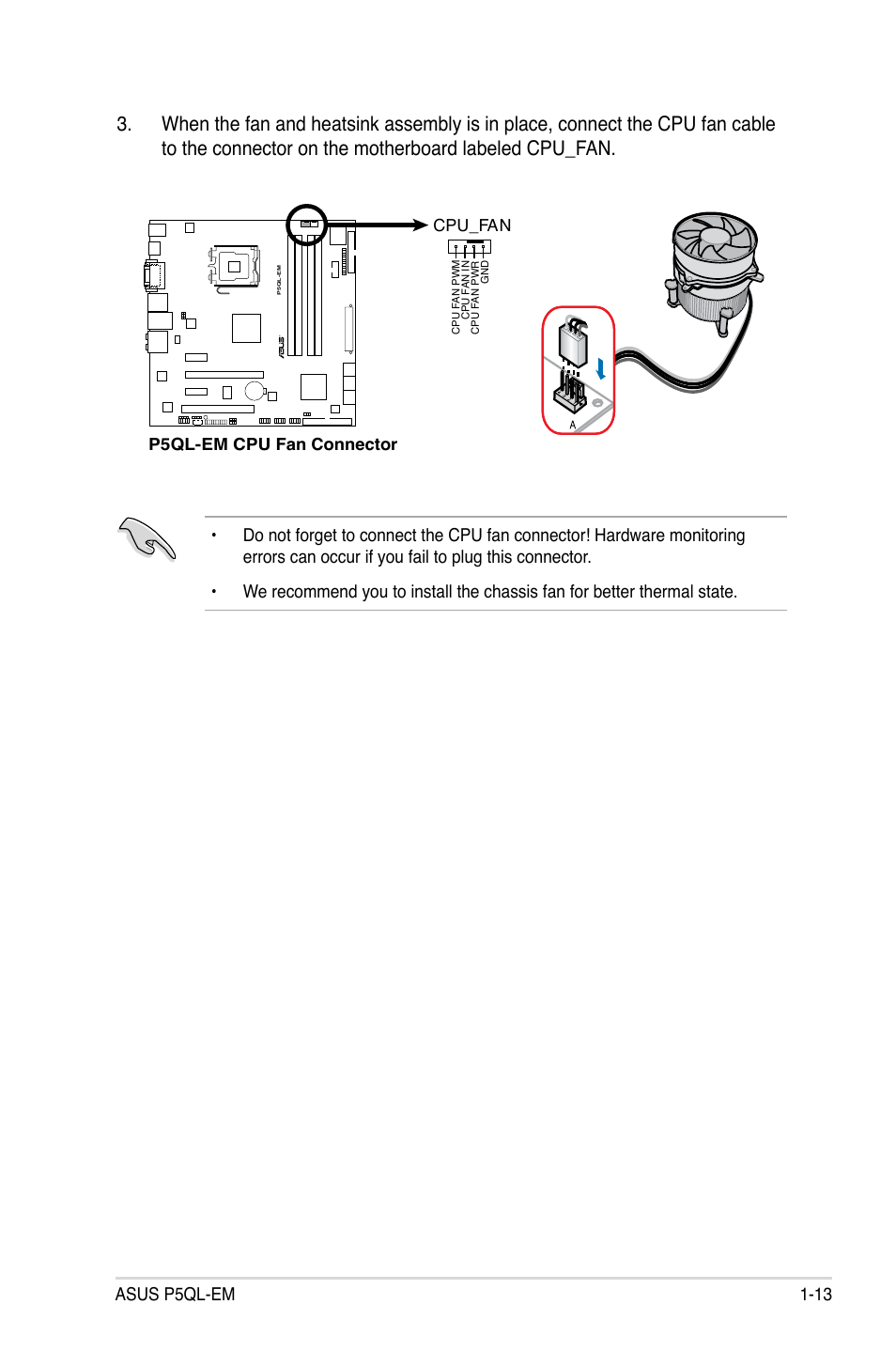 P5ql-em cpu fan connector, Cpu_fan | Asus P5QL-EM User Manual | Page 25 / 112