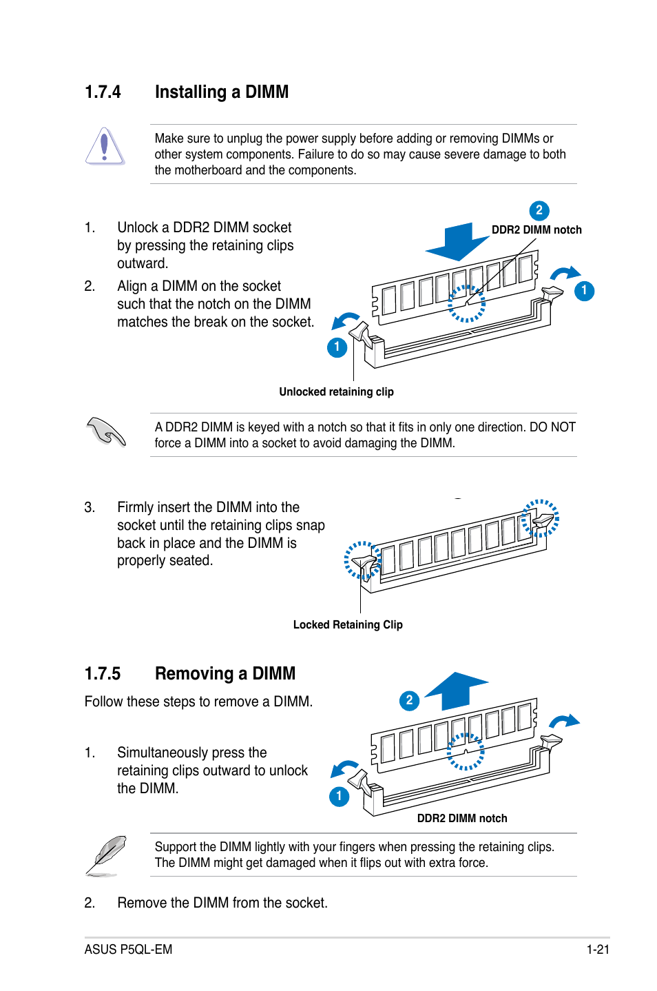 4 installing a dimm, 5 removing a dimm | Asus P5QL-EM User Manual | Page 33 / 112