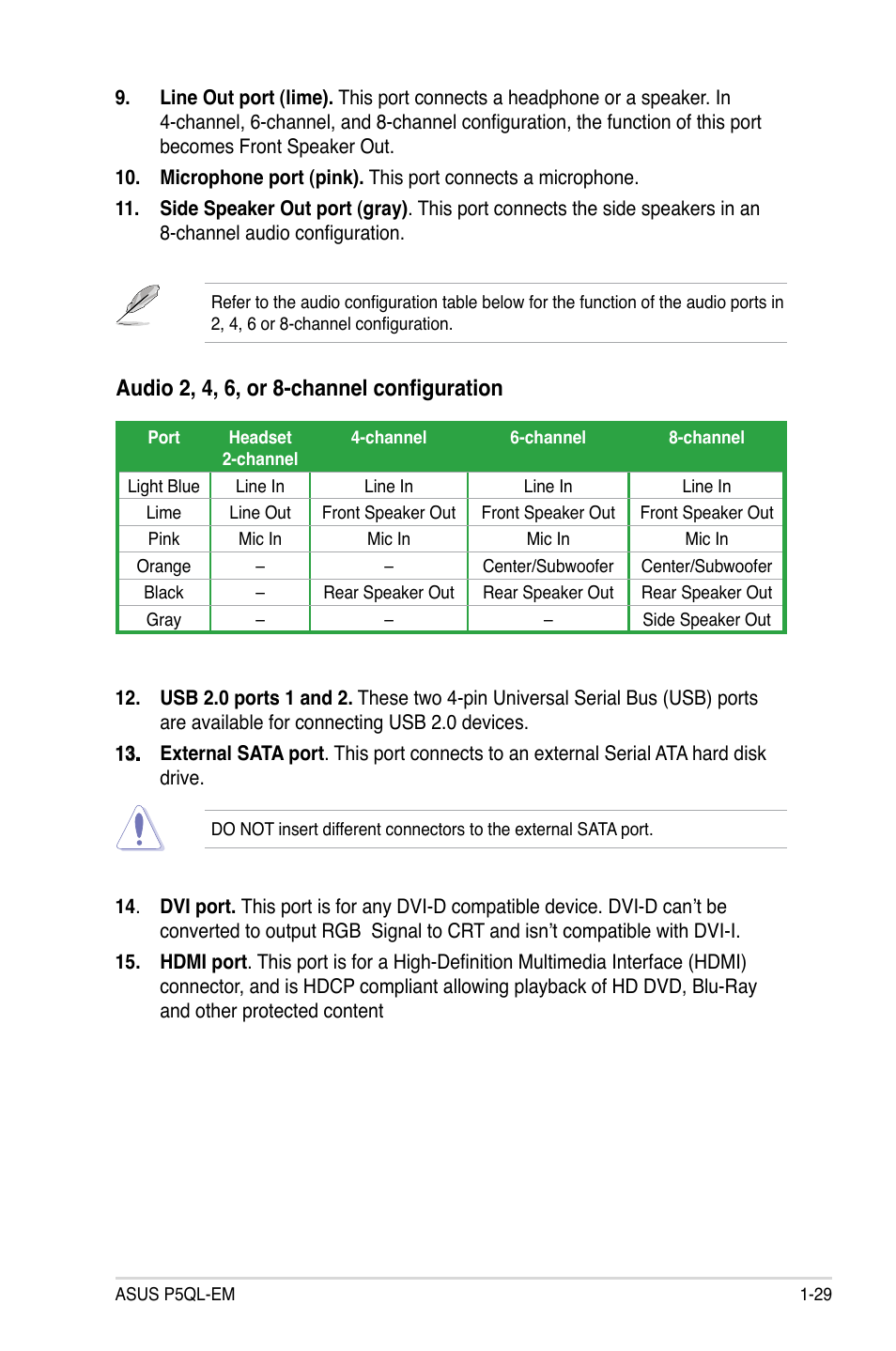 Audio 2, 4, 6, or 8-channel configuration | Asus P5QL-EM User Manual | Page 41 / 112