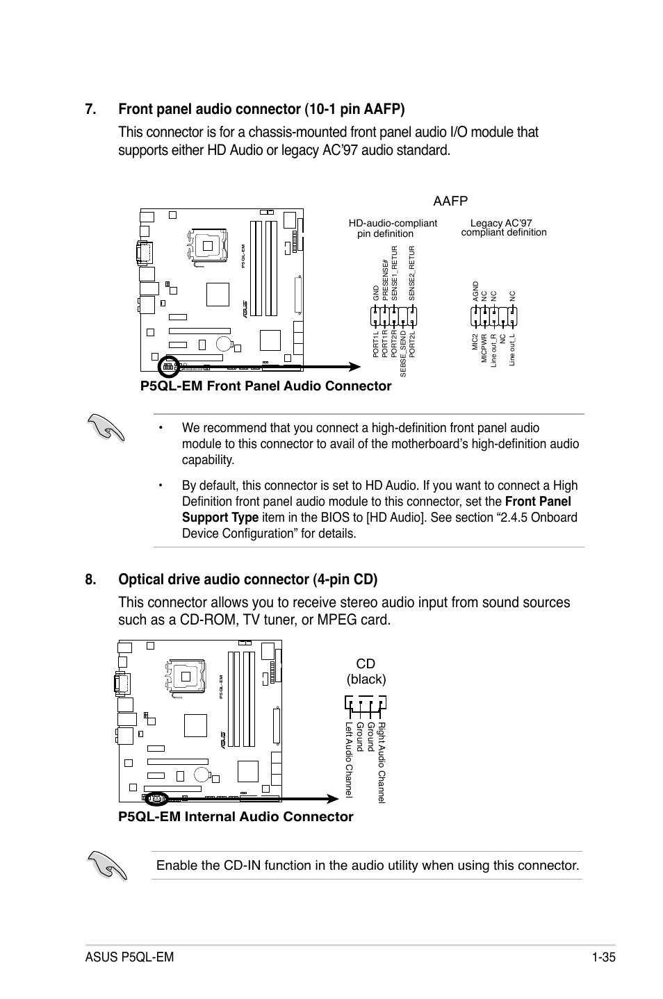 Asus p5ql-em 1-35, Cd (black), P5ql-em front panel audio connector | Aafp | Asus P5QL-EM User Manual | Page 47 / 112