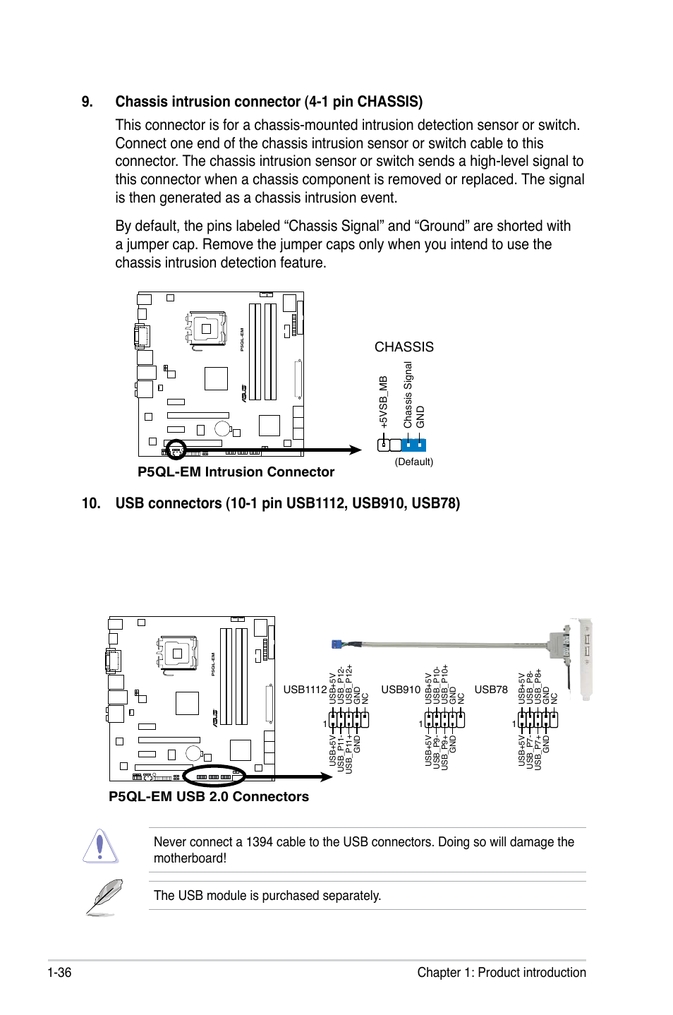 36 chapter 1: product introduction, P5ql-em usb 2.0 connectors, P5ql-em intrusion connector | Chassis | Asus P5QL-EM User Manual | Page 48 / 112