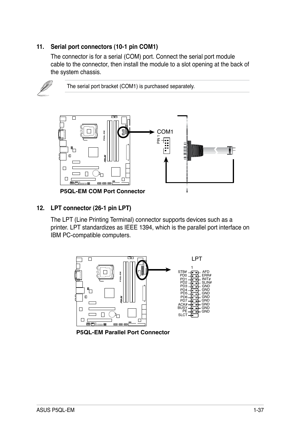 Asus p5ql-em 1-37, P5ql-em com port connector, Com1 p5ql-em parallel port connector | Asus P5QL-EM User Manual | Page 49 / 112