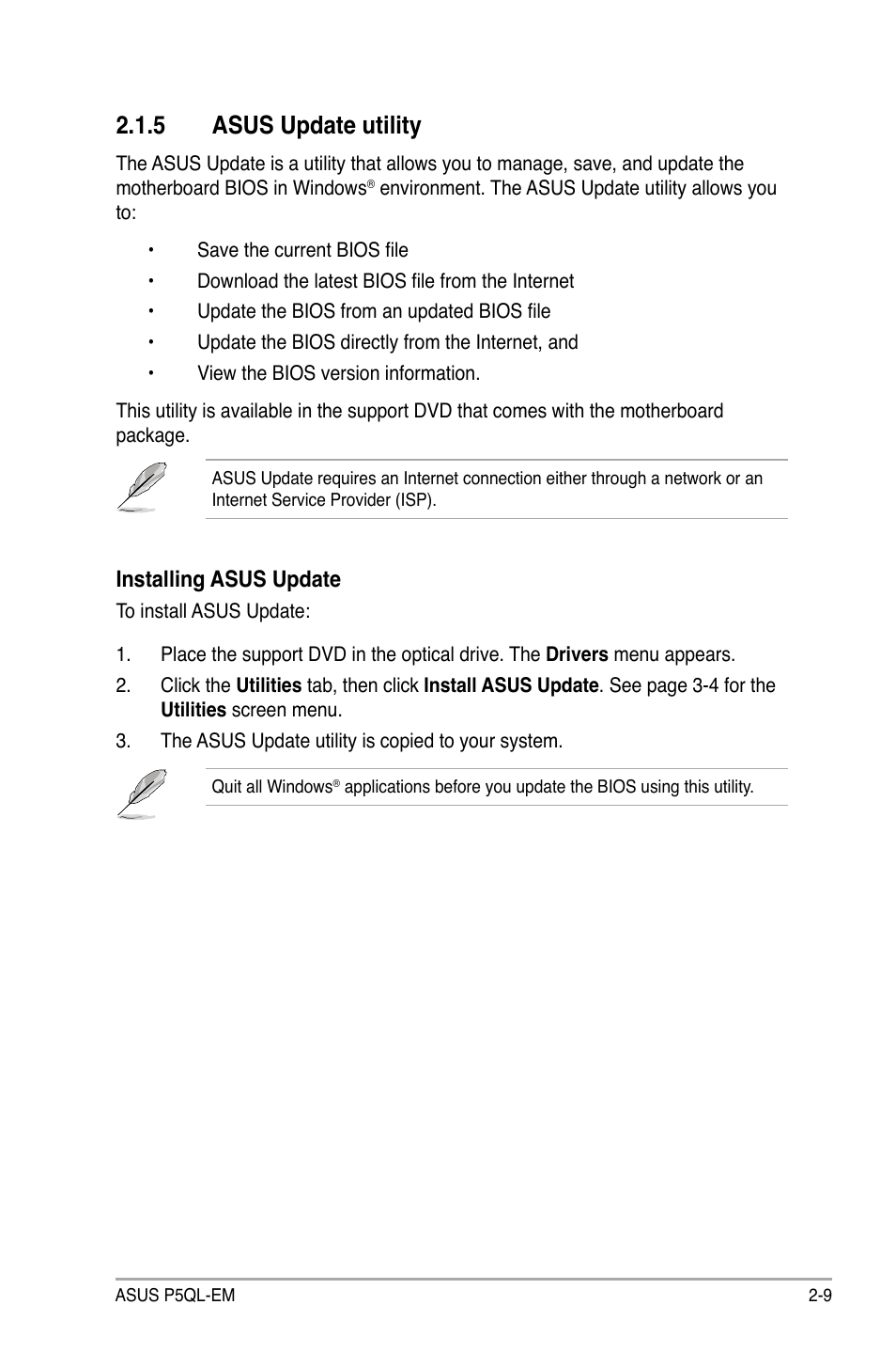 5 asus update utility, Installing asus update | Asus P5QL-EM User Manual | Page 59 / 112