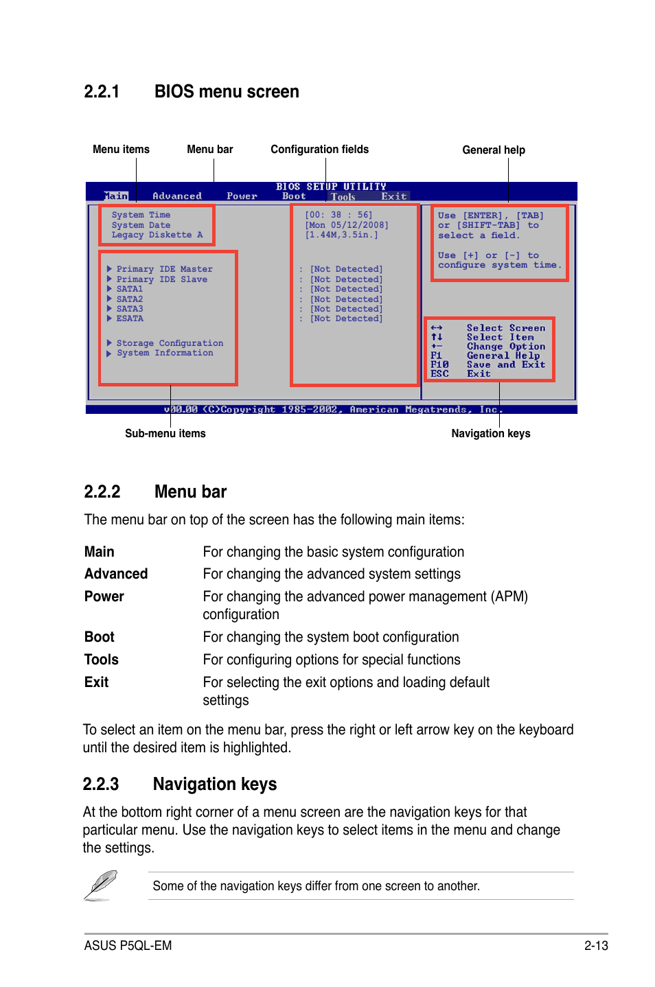 2 menu bar, 1 bios menu screen, 3 navigation keys | Asus P5QL-EM User Manual | Page 63 / 112