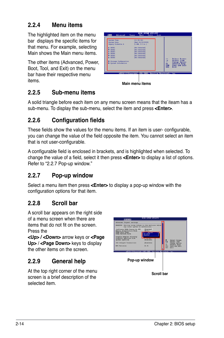 4 menu items, 5 sub-menu items, 6 configuration fields | 7 pop-up window, 8 scroll bar, 9 general help | Asus P5QL-EM User Manual | Page 64 / 112