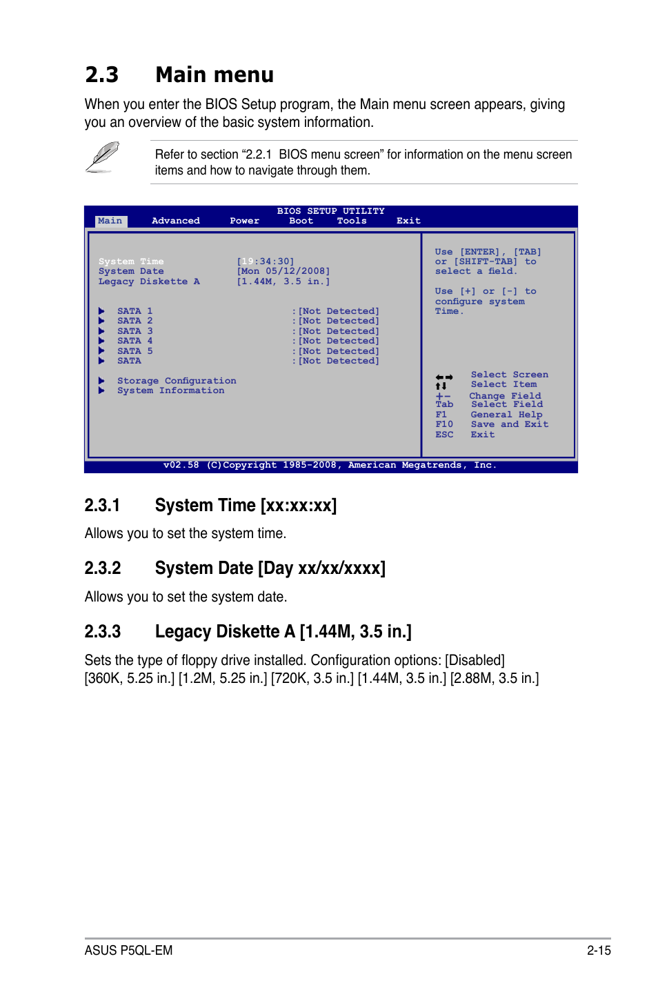 3 main menu, 1 system time [xx:xx:xx, Allows you to set the system time | Allows you to set the system date | Asus P5QL-EM User Manual | Page 65 / 112