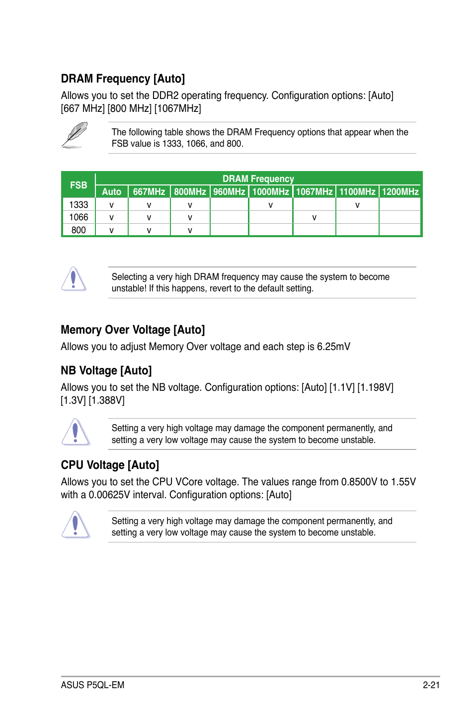 Nb voltage [auto, Dram frequency [auto, Cpu voltage [auto | Asus P5QL-EM User Manual | Page 71 / 112