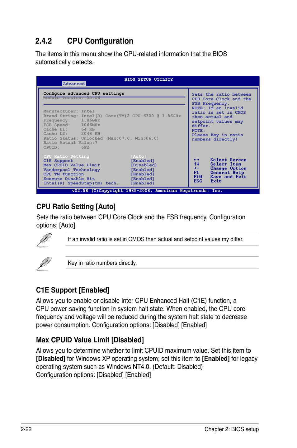 2 cpu configuration, Cpu ratio setting [auto, C1e support [enabled | Max cpuid value limit [disabled | Asus P5QL-EM User Manual | Page 72 / 112