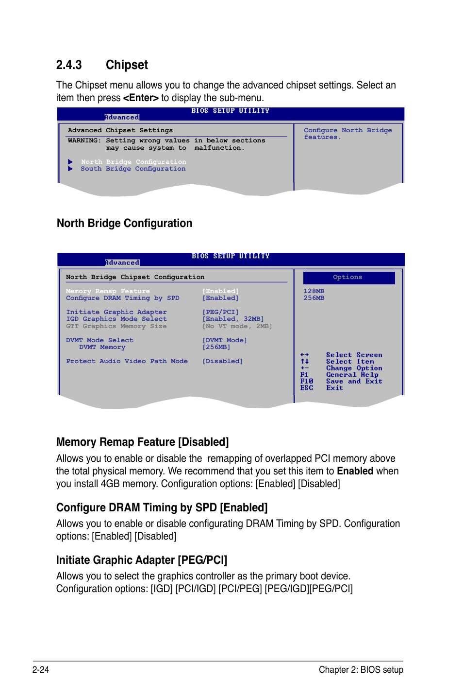 3 chipset, North bridge configuration, Configure dram timing by spd [enabled | Initiate graphic adapter [peg/pci | Asus P5QL-EM User Manual | Page 74 / 112