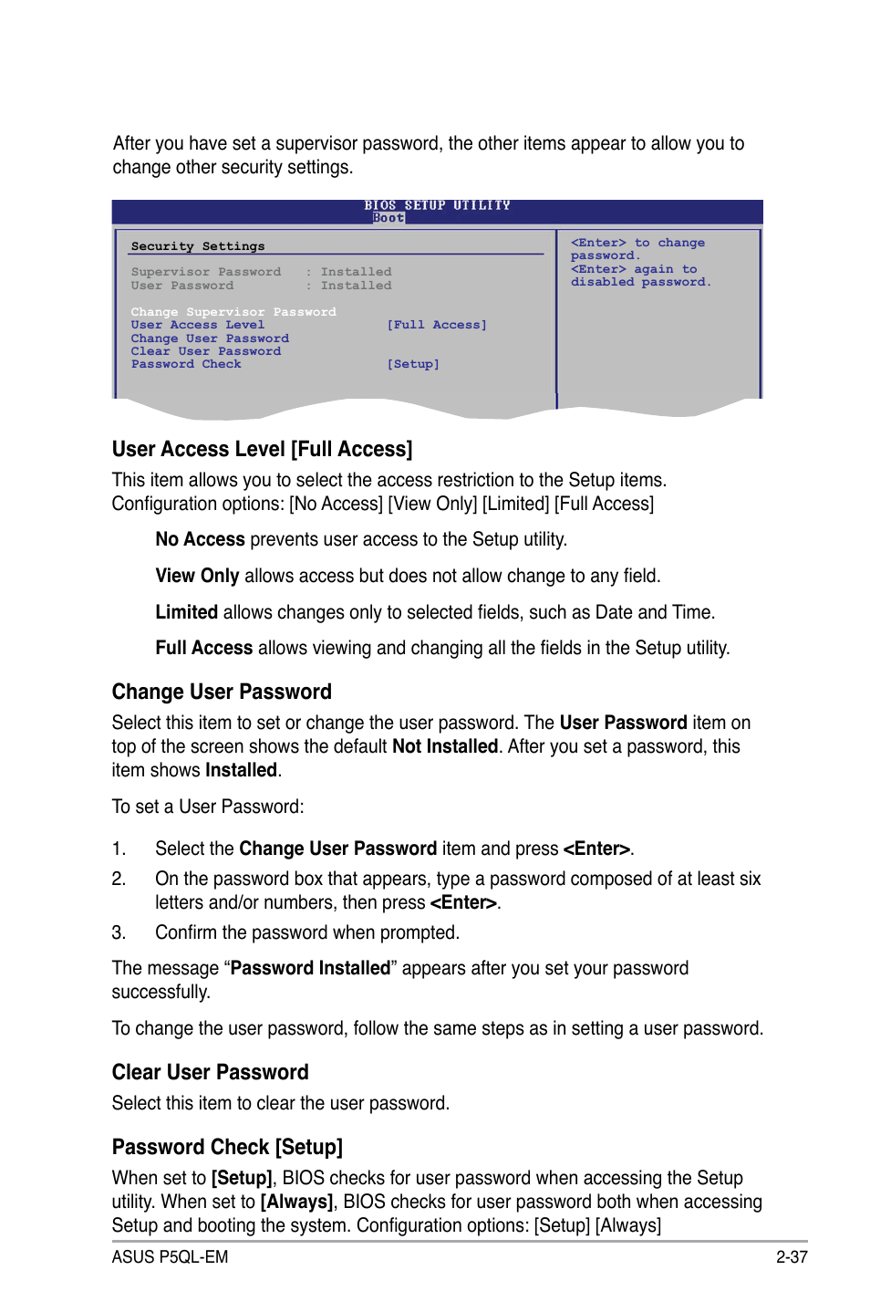 User access level [full access, Change user password, Clear user password | Password check [setup | Asus P5QL-EM User Manual | Page 87 / 112