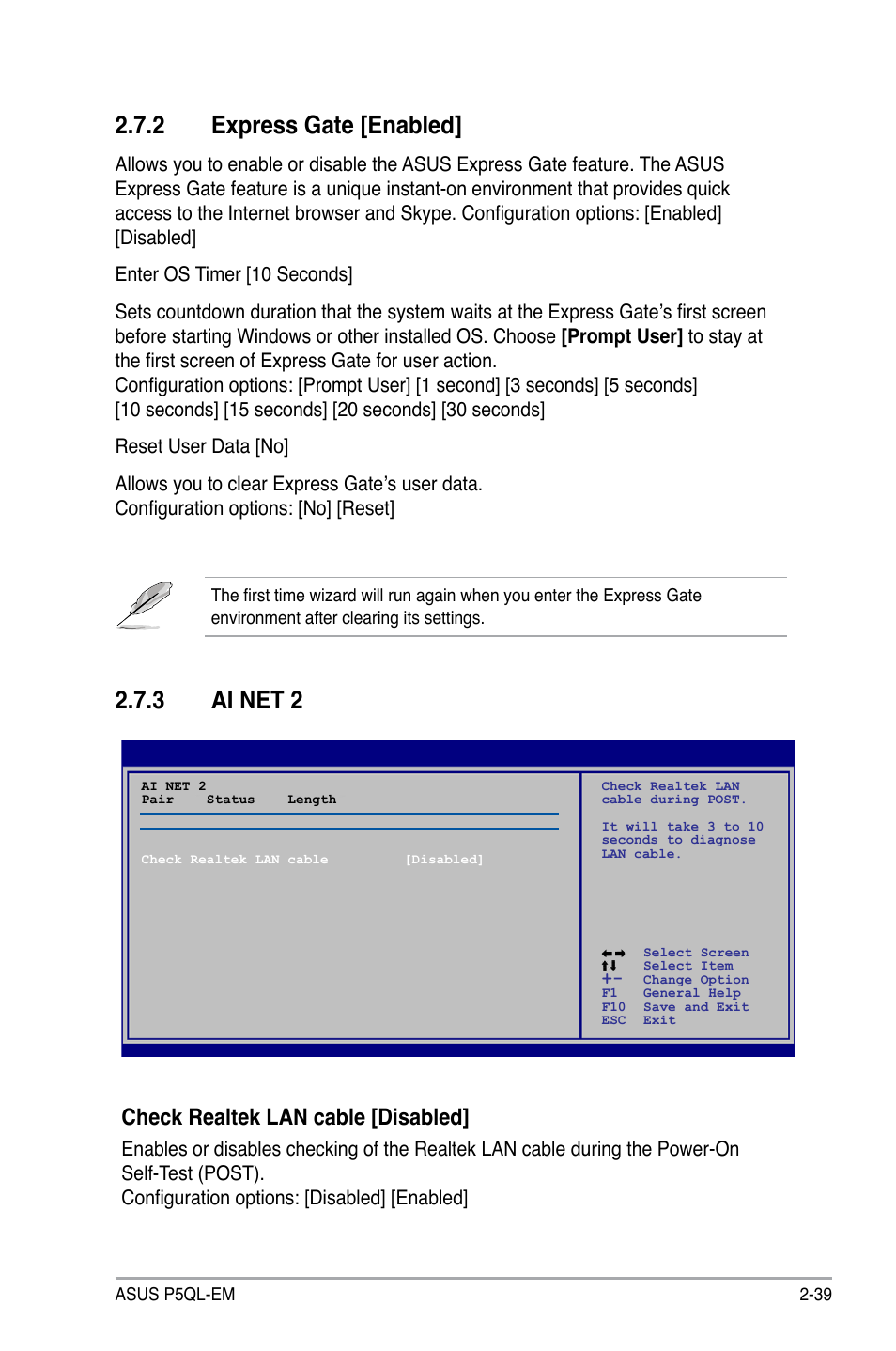 2 express gate [enabled, 3 ai net 2, Check realtek lan cable [disabled | Asus P5QL-EM User Manual | Page 89 / 112