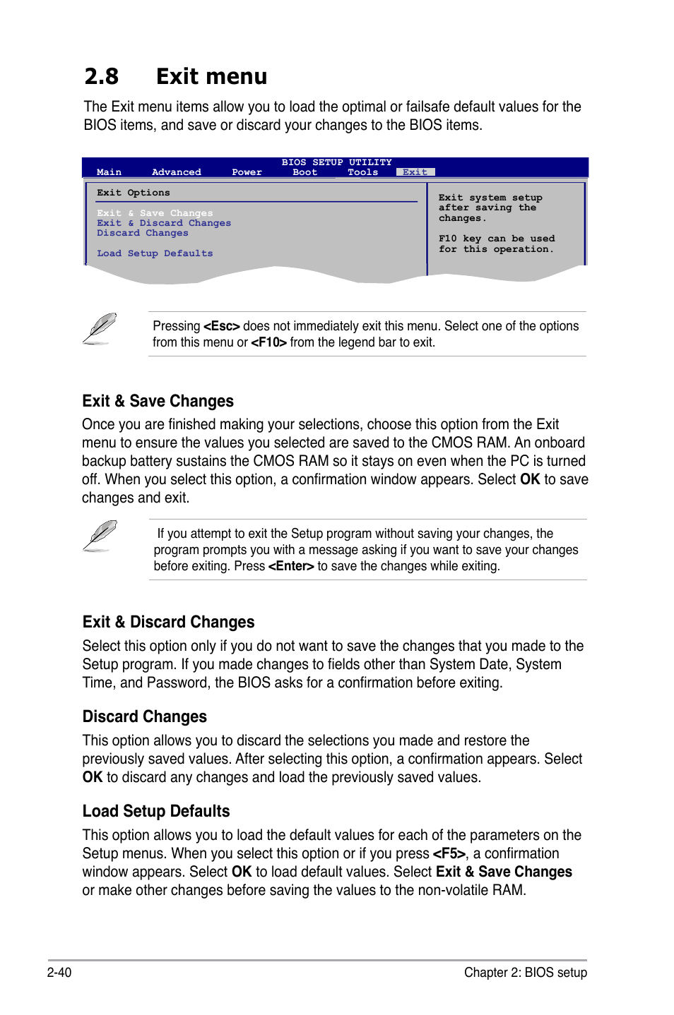 8 exit menu, Exit & discard changes, Discard changes | Load setup defaults, Exit & save changes | Asus P5QL-EM User Manual | Page 90 / 112