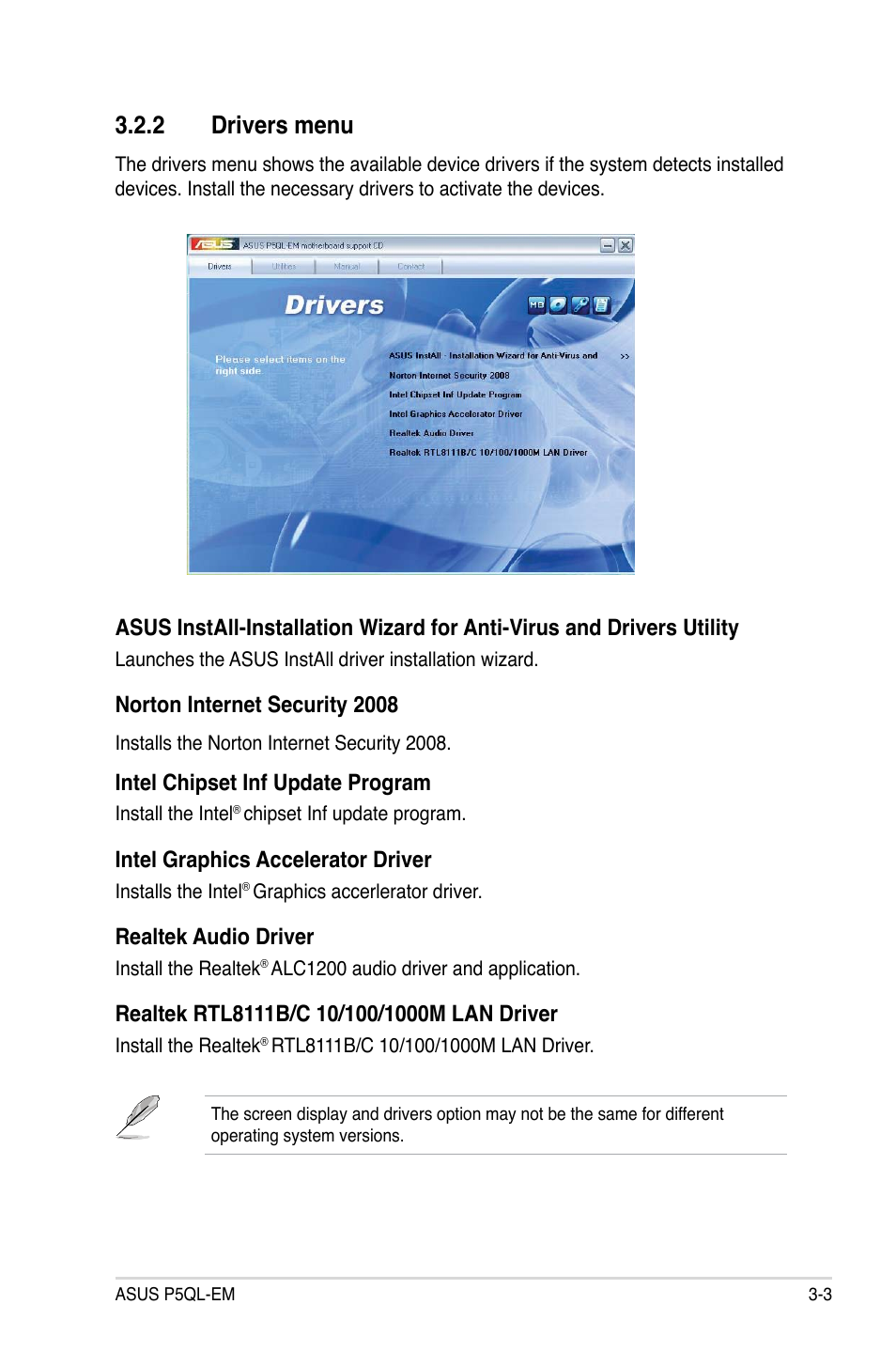 2 drivers menu, Norton internet security 2008, Intel chipset inf update program | Intel graphics accelerator driver, Realtek audio driver | Asus P5QL-EM User Manual | Page 93 / 112