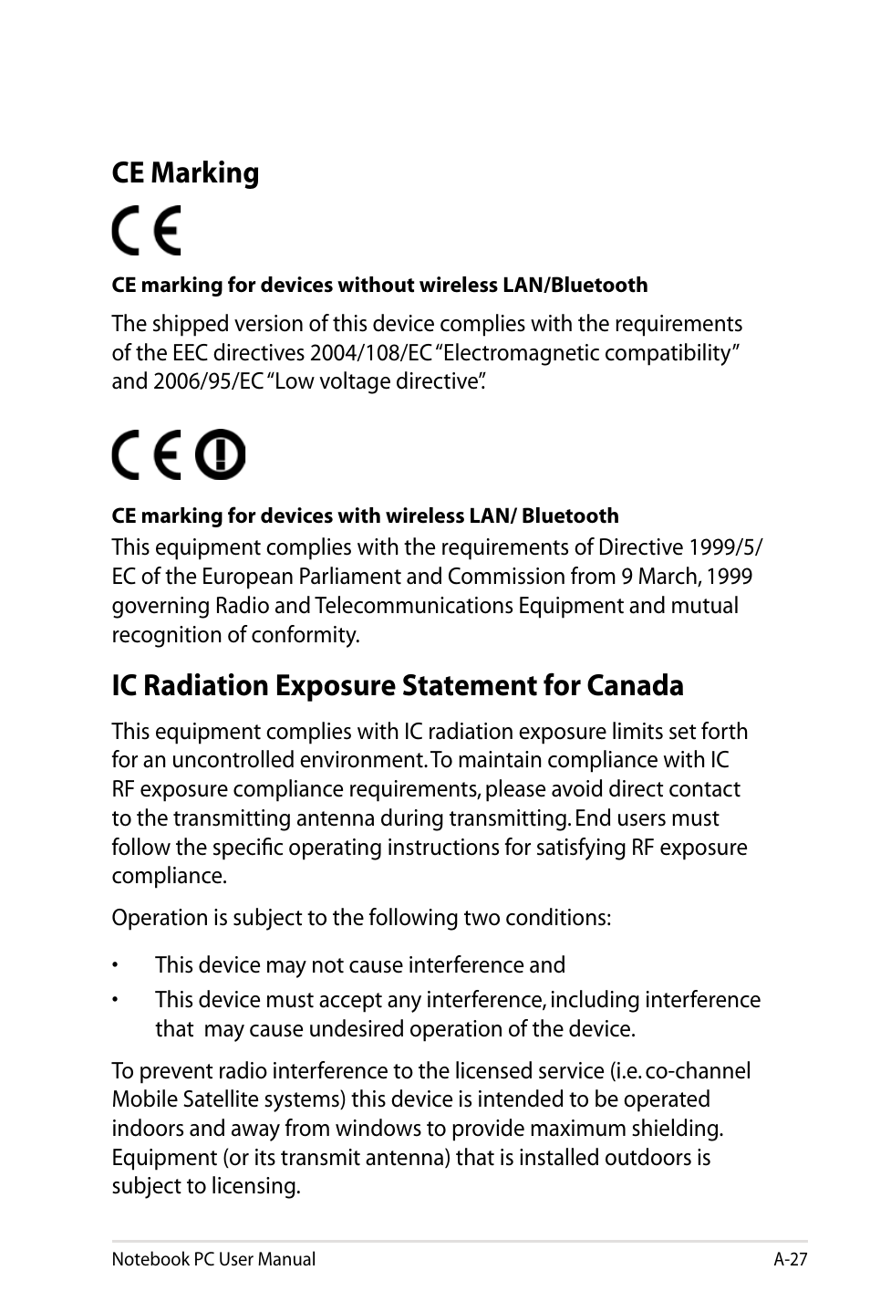 Ce marking, Ic radiation exposure statement for canada | Asus U48CB User Manual | Page 105 / 120