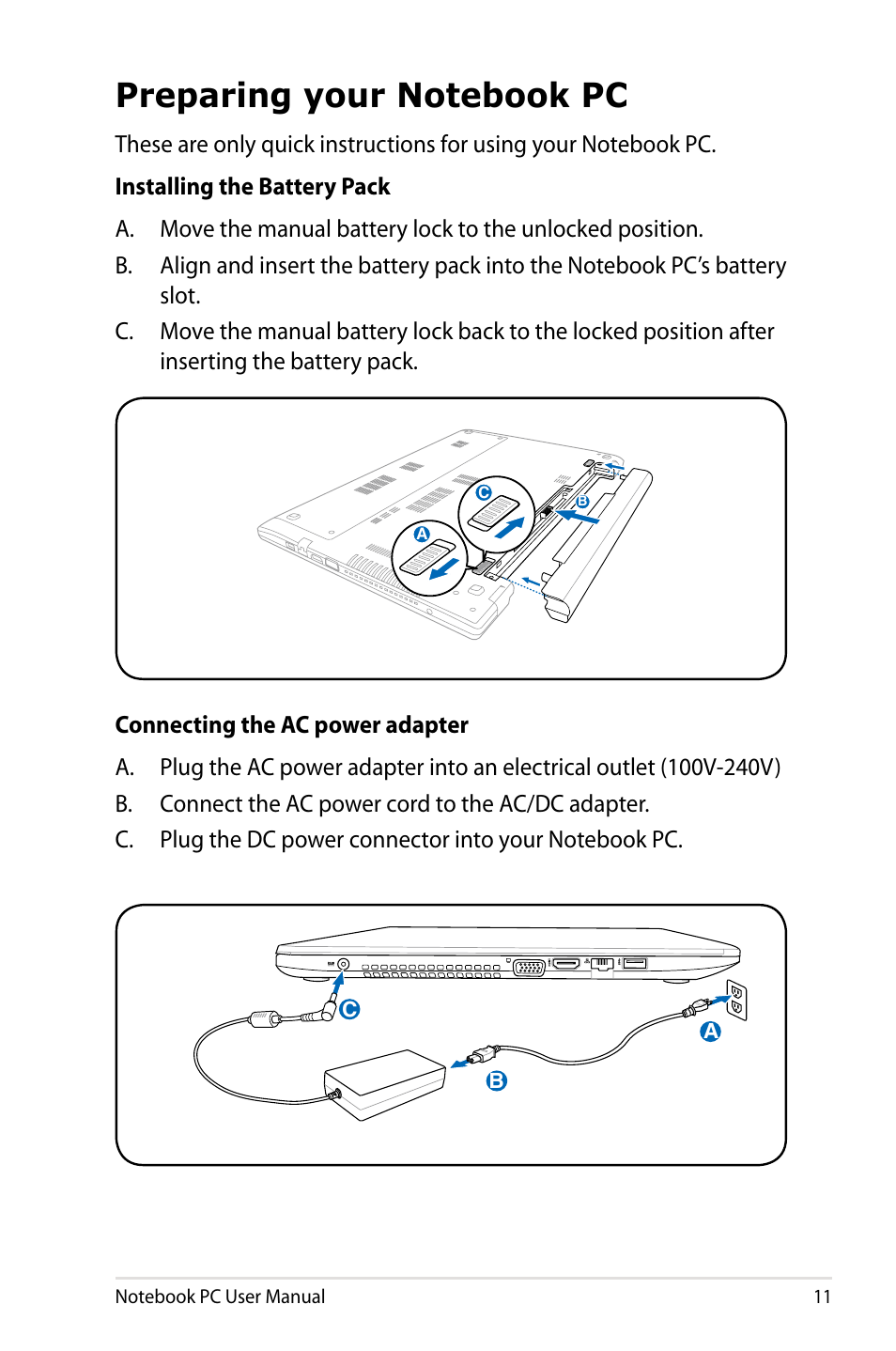 Preparing your notebook pc | Asus U48CB User Manual | Page 11 / 120