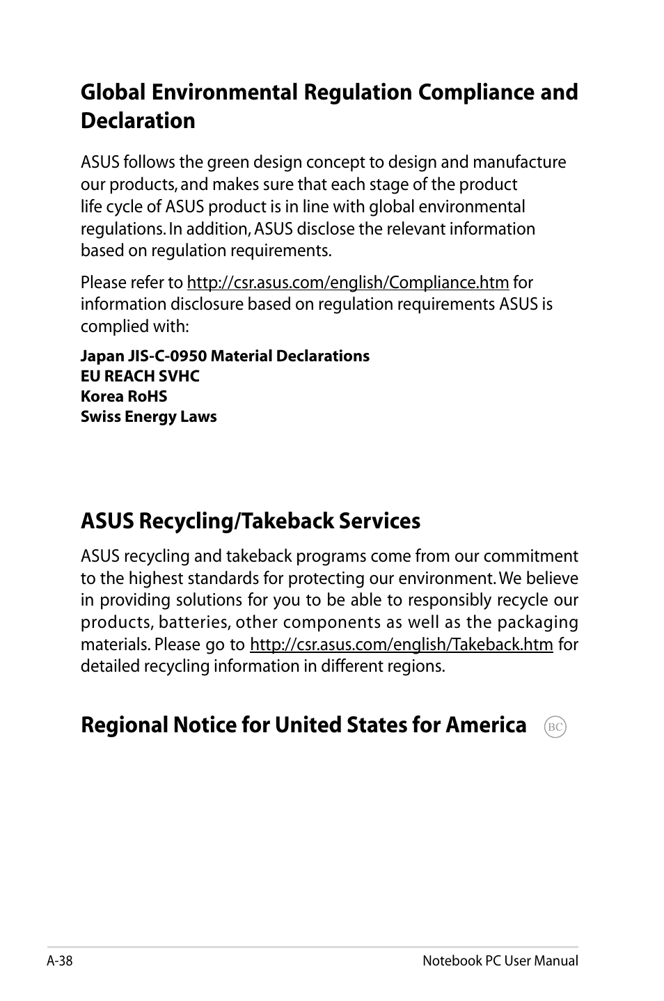 Asus recycling/takeback services, Regional notice for united states for america | Asus U48CB User Manual | Page 116 / 120