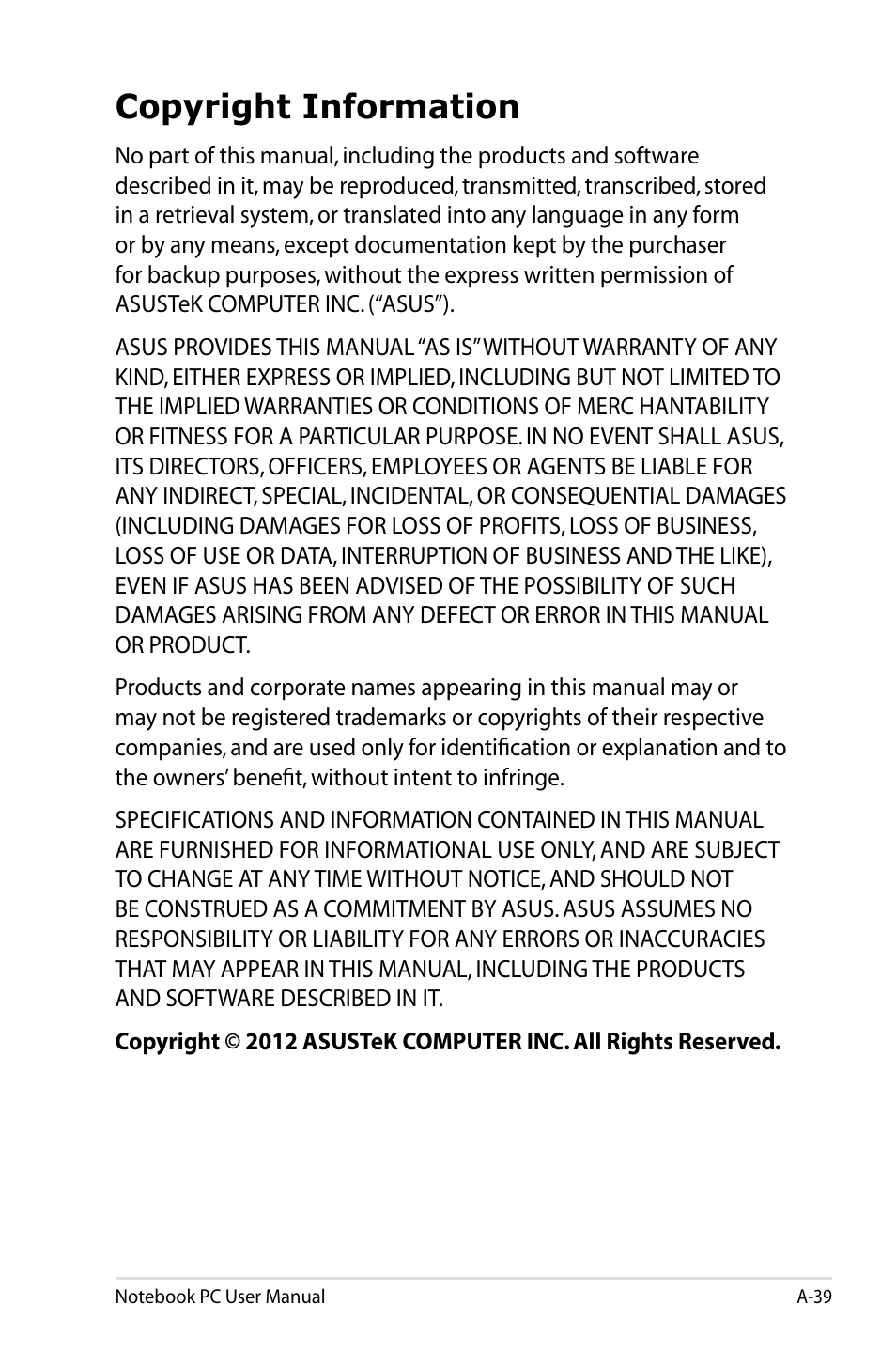 Copyright information | Asus U48CB User Manual | Page 117 / 120