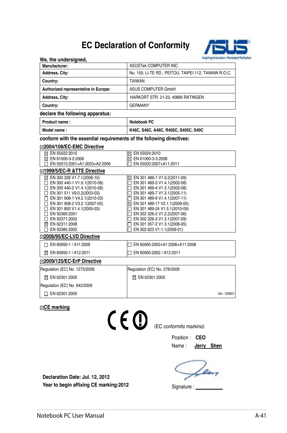 Ec declaration of conformity | Asus U48CB User Manual | Page 119 / 120
