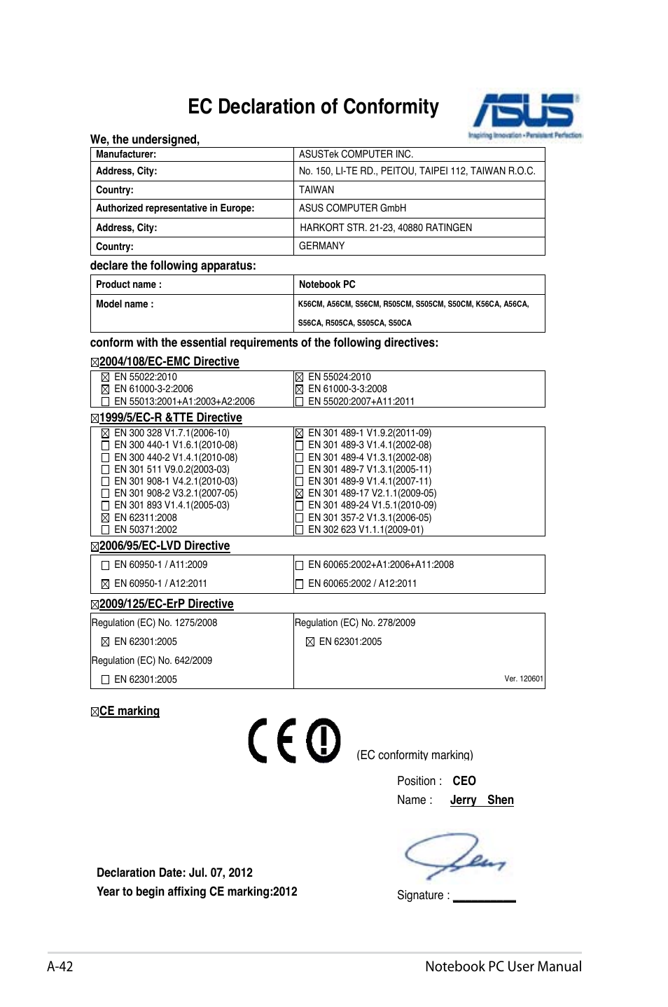 Ec declaration of conformity | Asus U48CB User Manual | Page 120 / 120