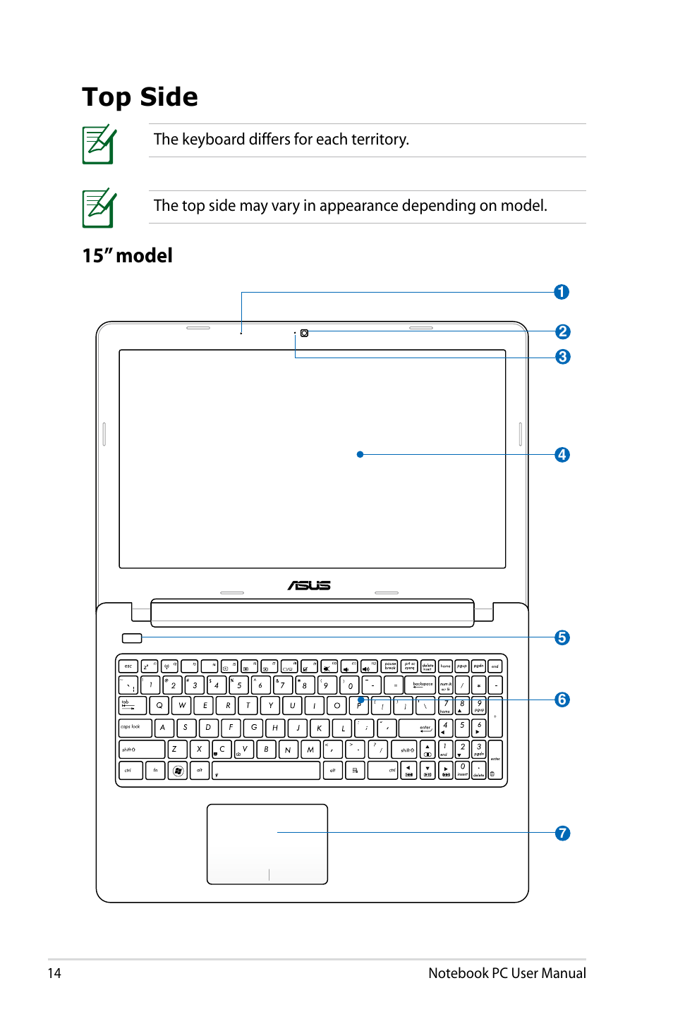 Top side, 15” model | Asus U48CB User Manual | Page 14 / 120