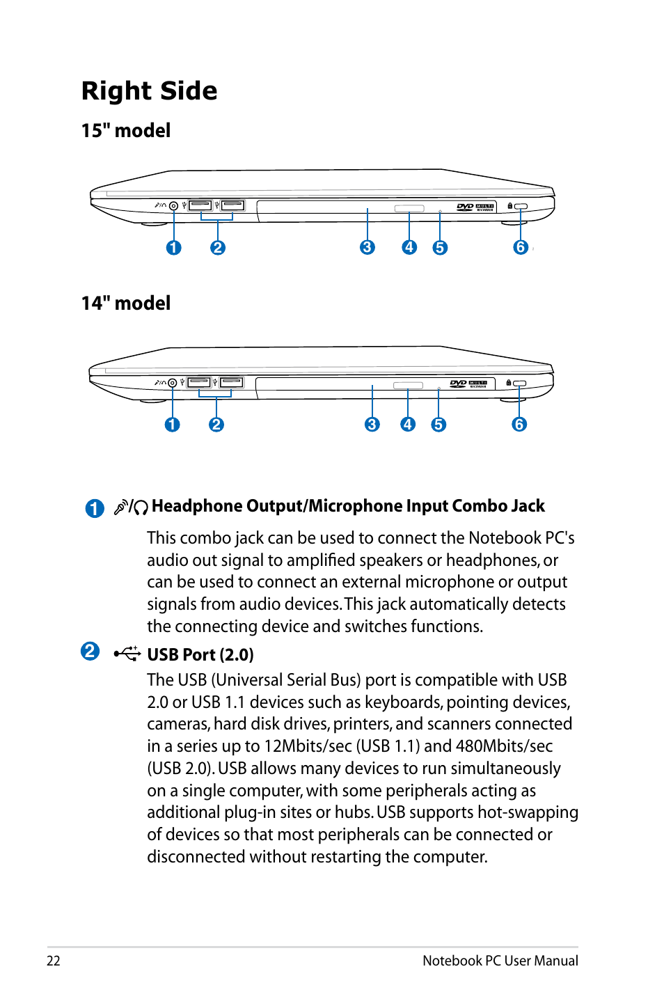 Right side, 15" model 14" model | Asus U48CB User Manual | Page 22 / 120