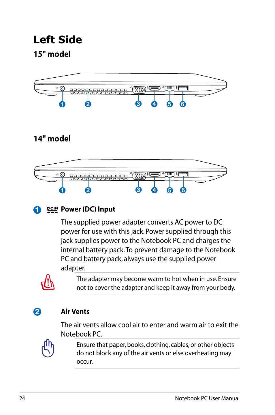 Left side, 15" model 14" model | Asus U48CB User Manual | Page 24 / 120