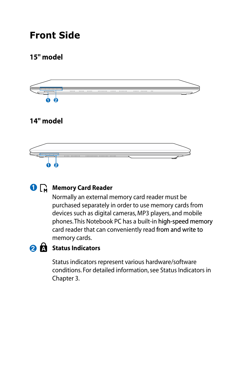 Front side, 15" model 14" model | Asus U48CB User Manual | Page 27 / 120