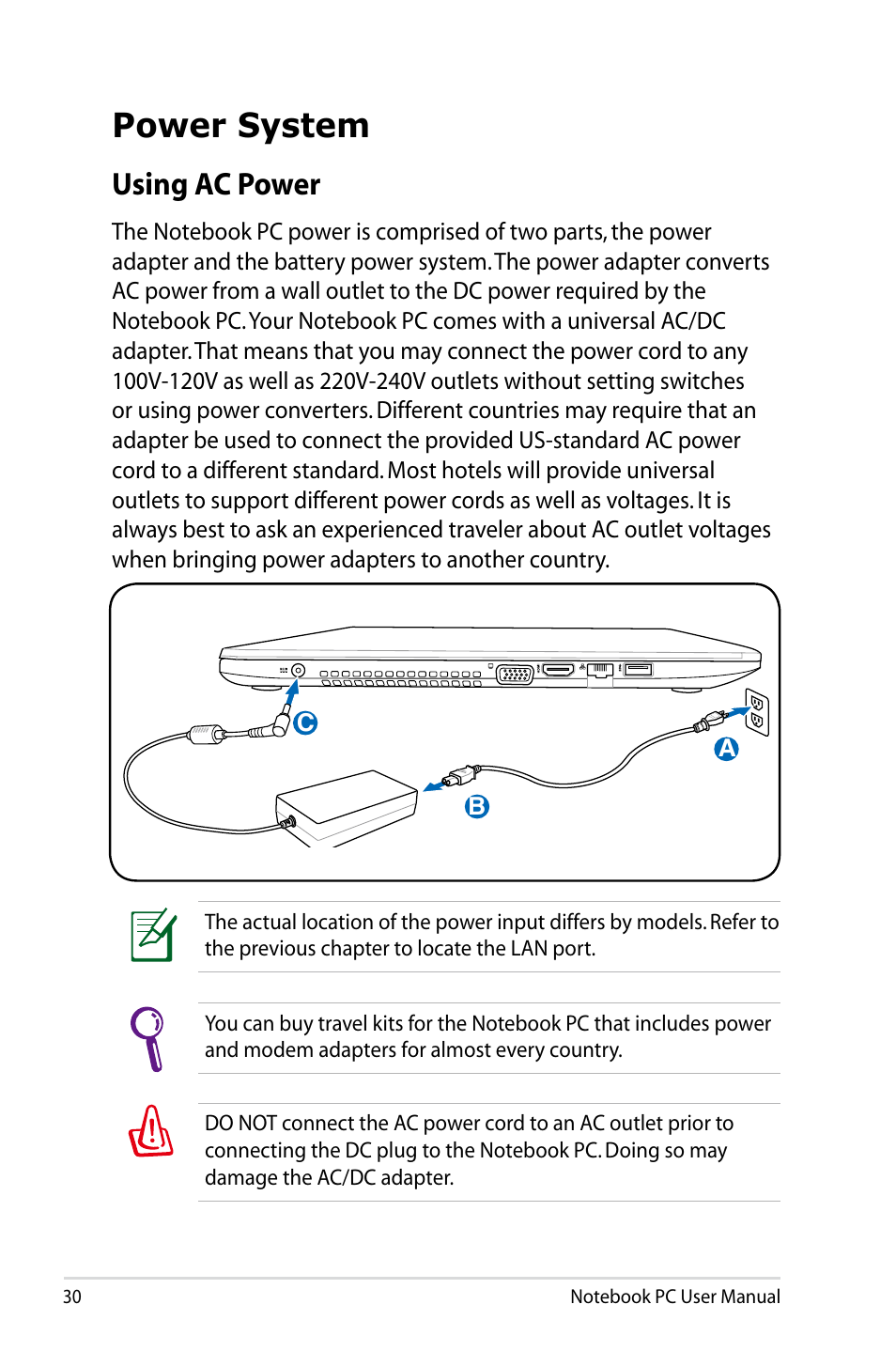 Power system, Using ac power | Asus U48CB User Manual | Page 30 / 120