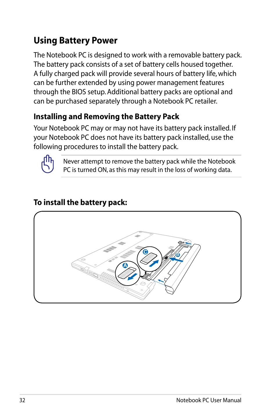 Using battery power, Installing and removing the battery pack | Asus U48CB User Manual | Page 32 / 120